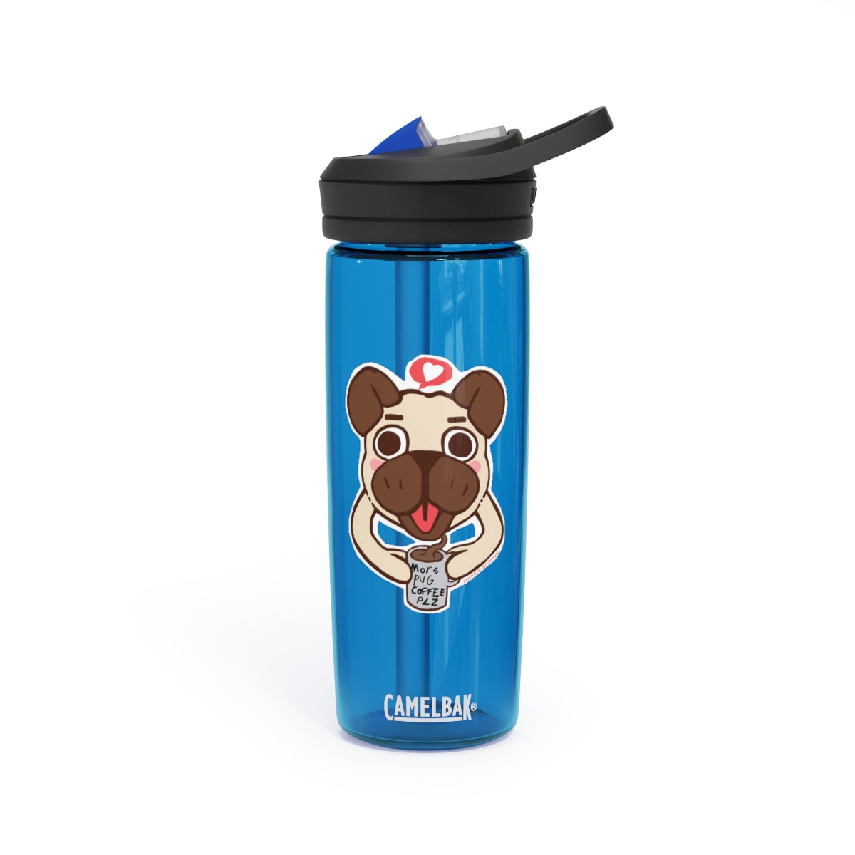 More Pug Coffee Please CamelBak Eddy® Water Bottle in 20oz and 25oz sizes, featuring a playful pug design and a durable Tritan™ body.