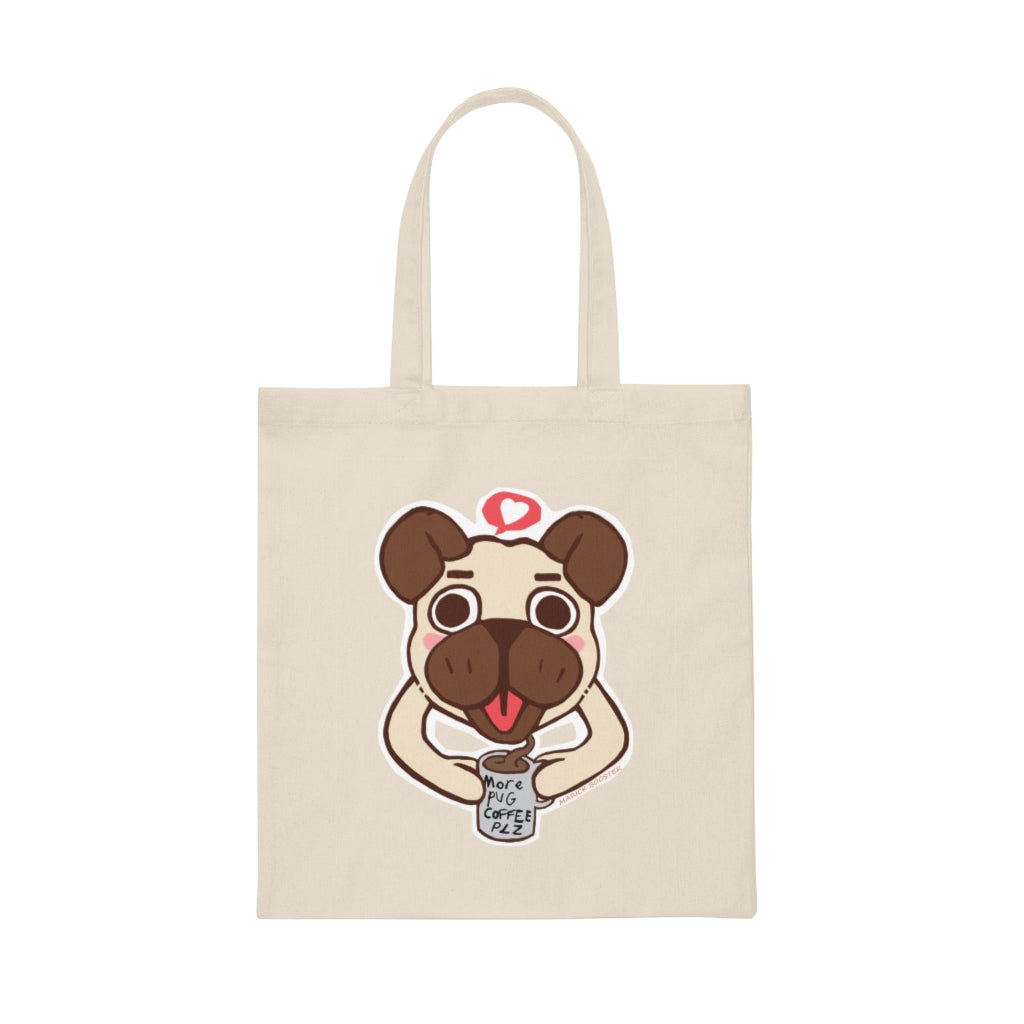 More Pug Coffee Please Canvas Tote Bag featuring a cute pug design and sturdy handles, perfect for carrying daily essentials.