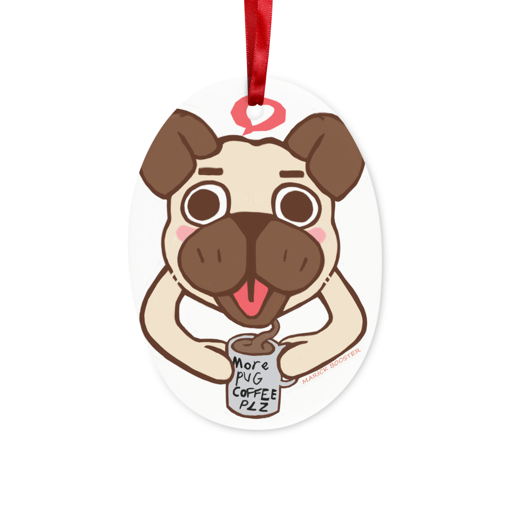 More Pug Coffee Please Ceramic Hanging Ornament with red ribbon and gold string, featuring an adorable pug design, perfect for holiday decor.