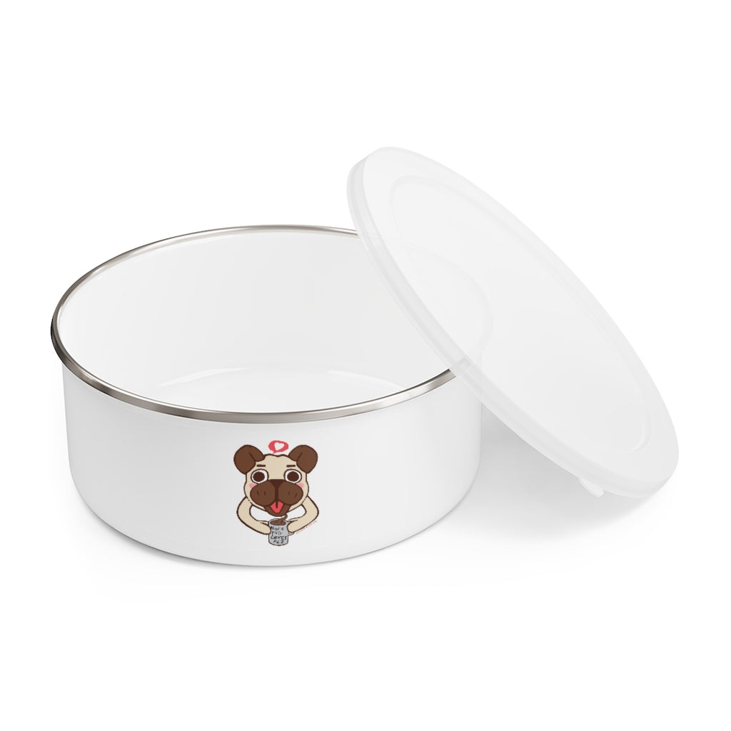 More Pug Coffee Please Enamel Bowl featuring a stylish design, translucent lid, and anti-slip backing, available in three sizes.