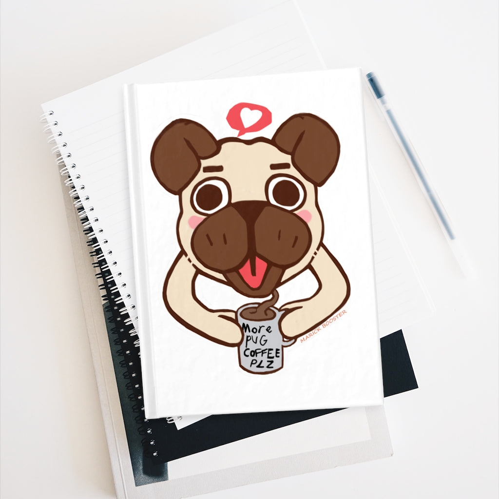 More Pug Coffee Please Journal with a colorful wraparound design and ruled line pages, perfect for writing and creativity.