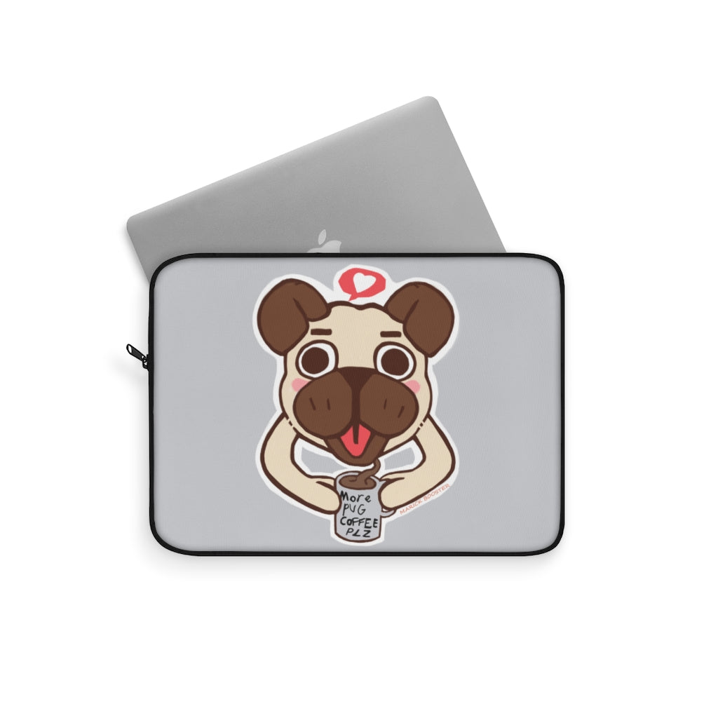 More Pug Coffee Please Laptop Sleeve featuring a cute pug and coffee design, with a black backside and zipper.