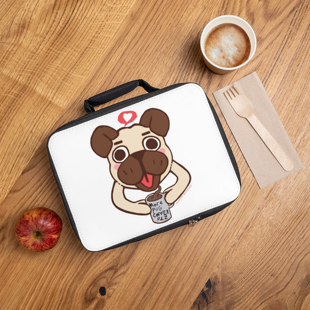 More Pug Coffee Please Lunch Bag featuring a black base and customizable white area, perfect for adults and kids.