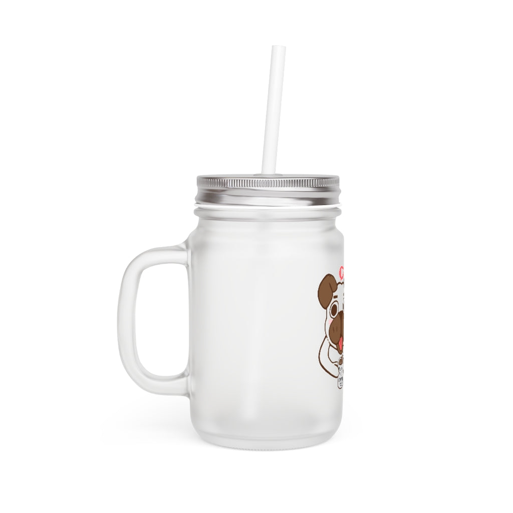 More Pug Coffee Please Mason Jar with straw and lid, made of frosted glass, perfect for drinks.