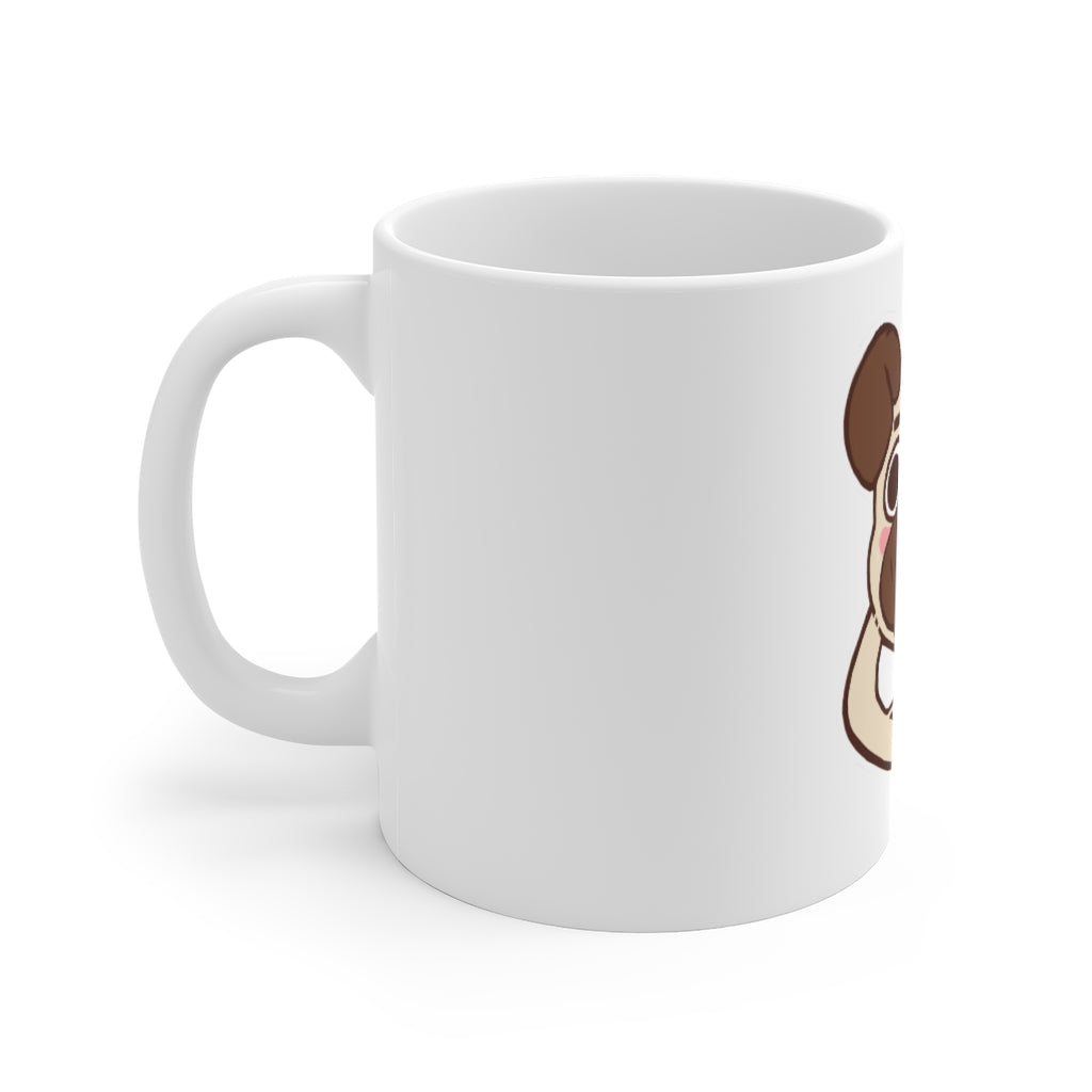 A cute 11oz coffee mug featuring a pug design with an easy-grip handle and scratch-resistant finish, perfect for coffee lovers.