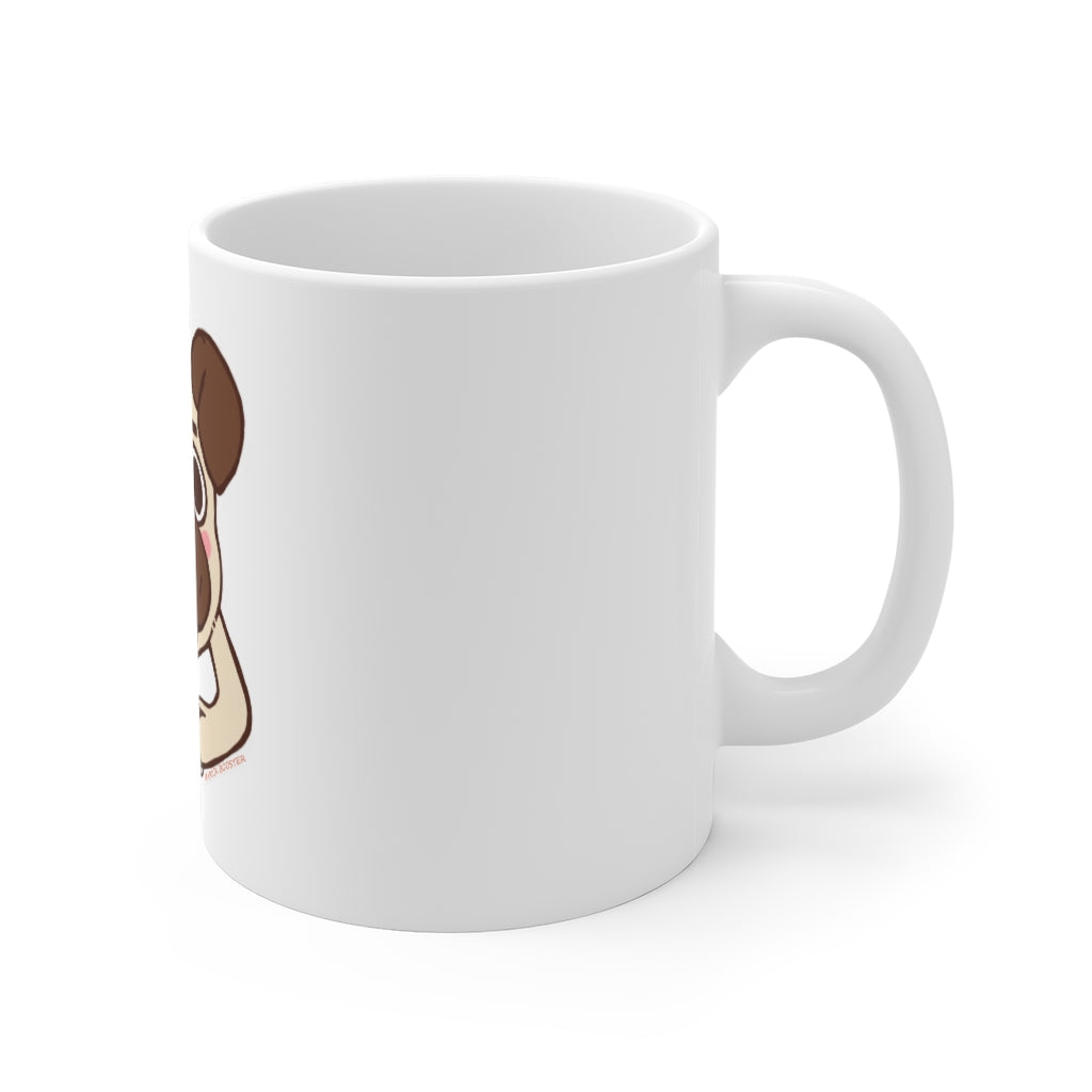 A cute 11oz coffee mug featuring a pug design with an easy-grip handle and scratch-resistant finish, perfect for coffee lovers.