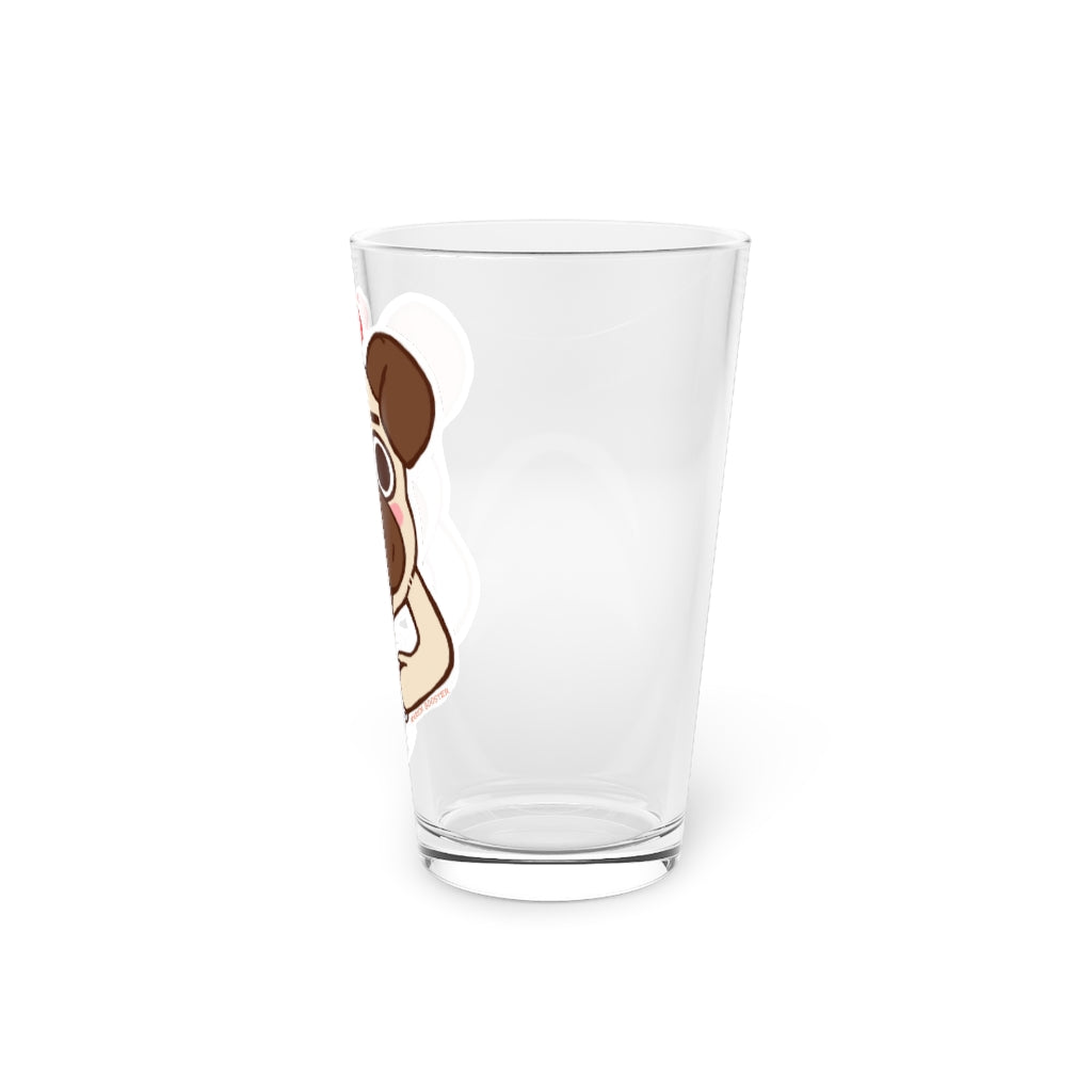 More Pug Coffee Please Pint Glass, 16oz, clear glass with a fun pug design, perfect for coffee and other beverages.