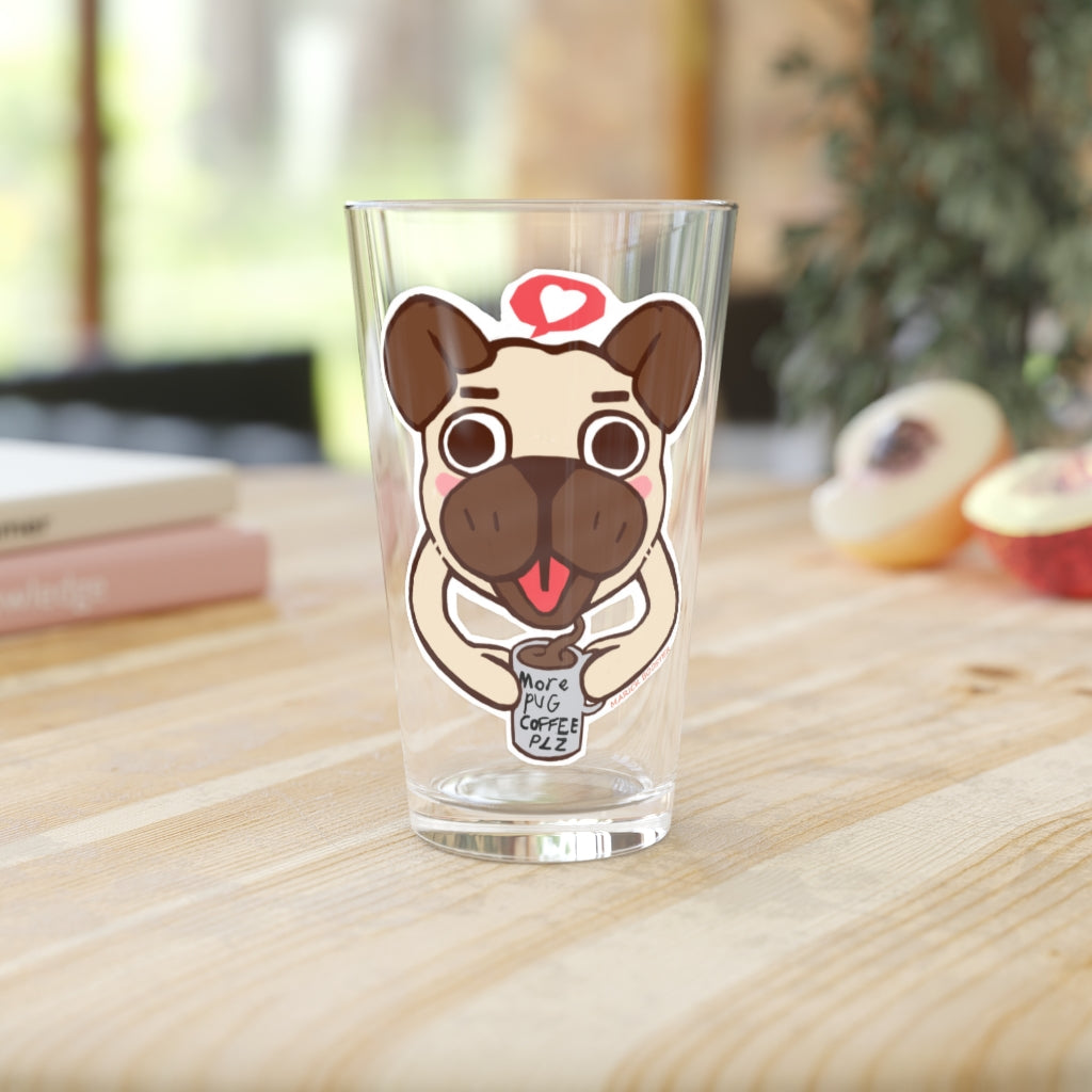 More Pug Coffee Please Pint Glass, 16oz, clear glass with a fun pug design, perfect for coffee and other beverages.