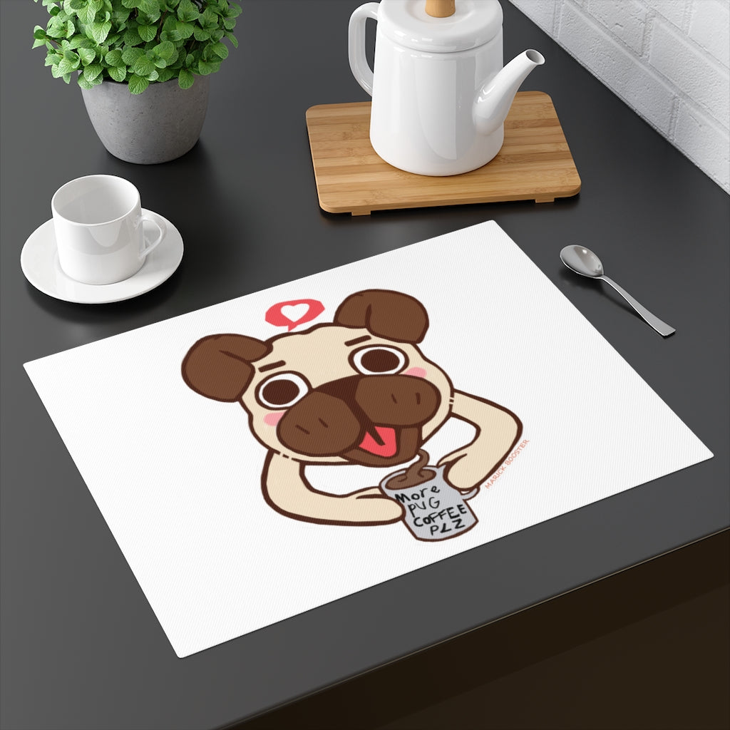 More Pug Coffee Please Placemat featuring a playful pug design on one side and a natural cotton back, perfect for dining tables.