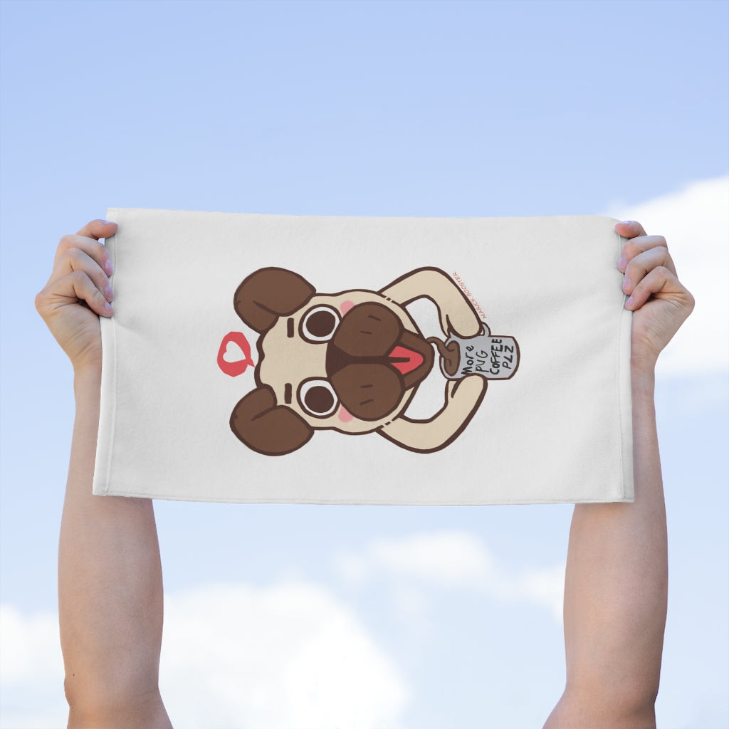 More Pug Coffee Please Rally Towel featuring a soft polyester front and absorbent cotton backing, measuring 11x18 inches.