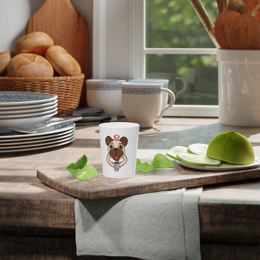 A personalized More Pug Coffee Please shot glass with a white ceramic exterior and a black interior, perfect for gatherings and gifting.