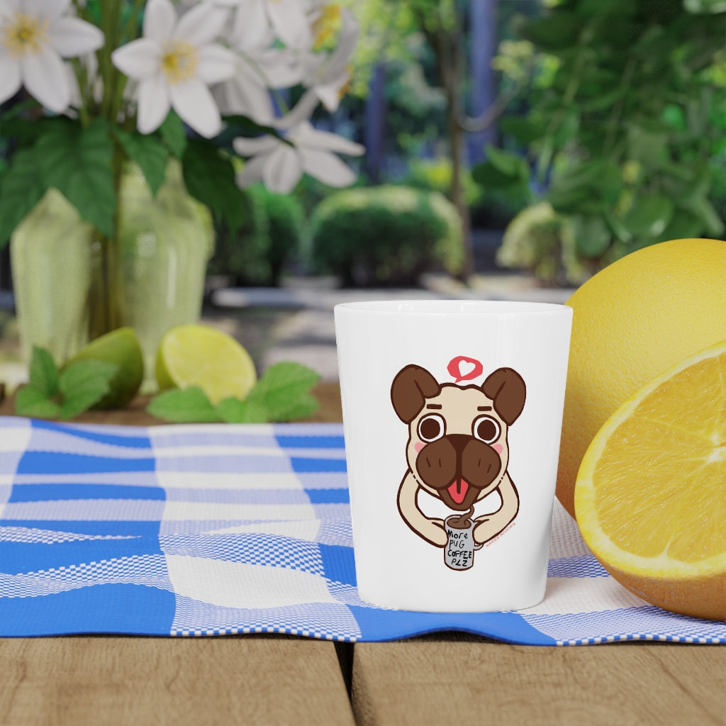 A personalized More Pug Coffee Please shot glass with a white ceramic exterior and a black interior, perfect for gatherings and gifting.