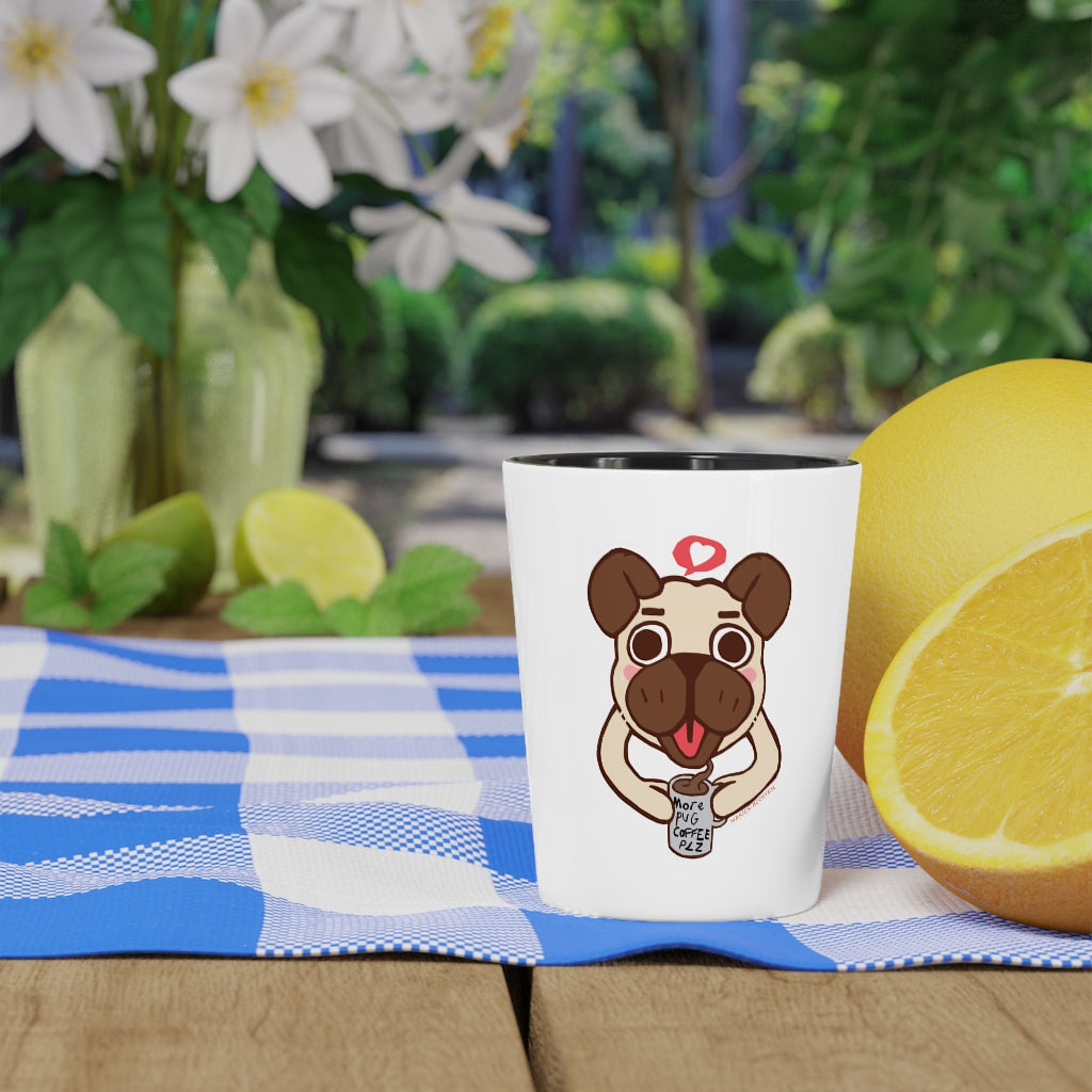 A personalized More Pug Coffee Please shot glass with a white ceramic exterior and a black interior, perfect for gatherings and gifting.