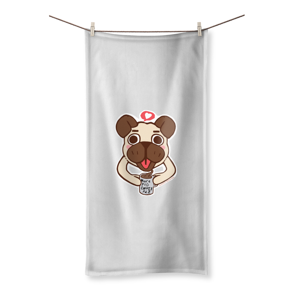 More Pug Coffee Please Sublimation Towel featuring vibrant pug design on one side and soft cotton backing on the other.