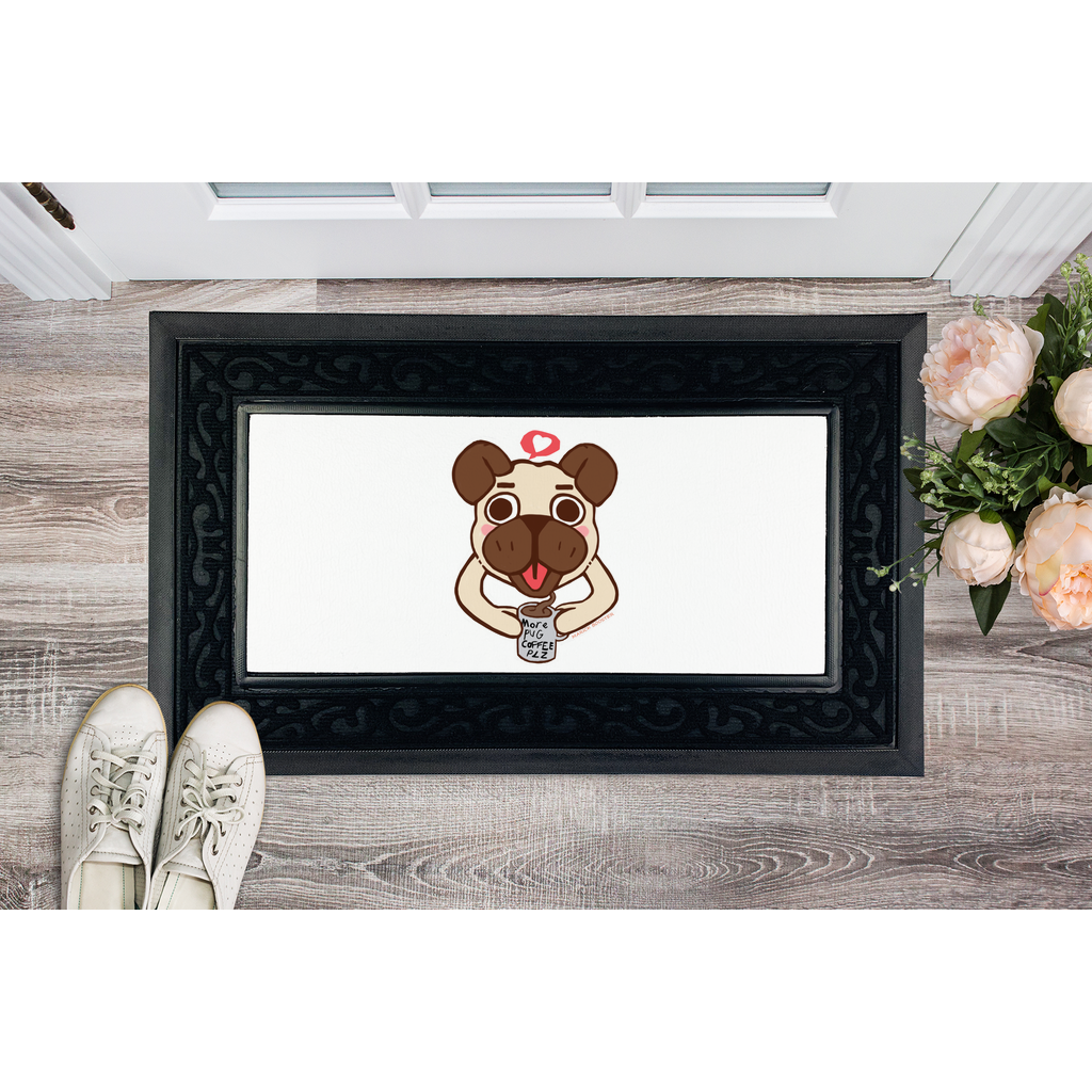 More Pug Coffee Please Sublimation Heavy Duty Door Mat featuring a pug design with a stylish fabric brush border and non-slip rubber base.