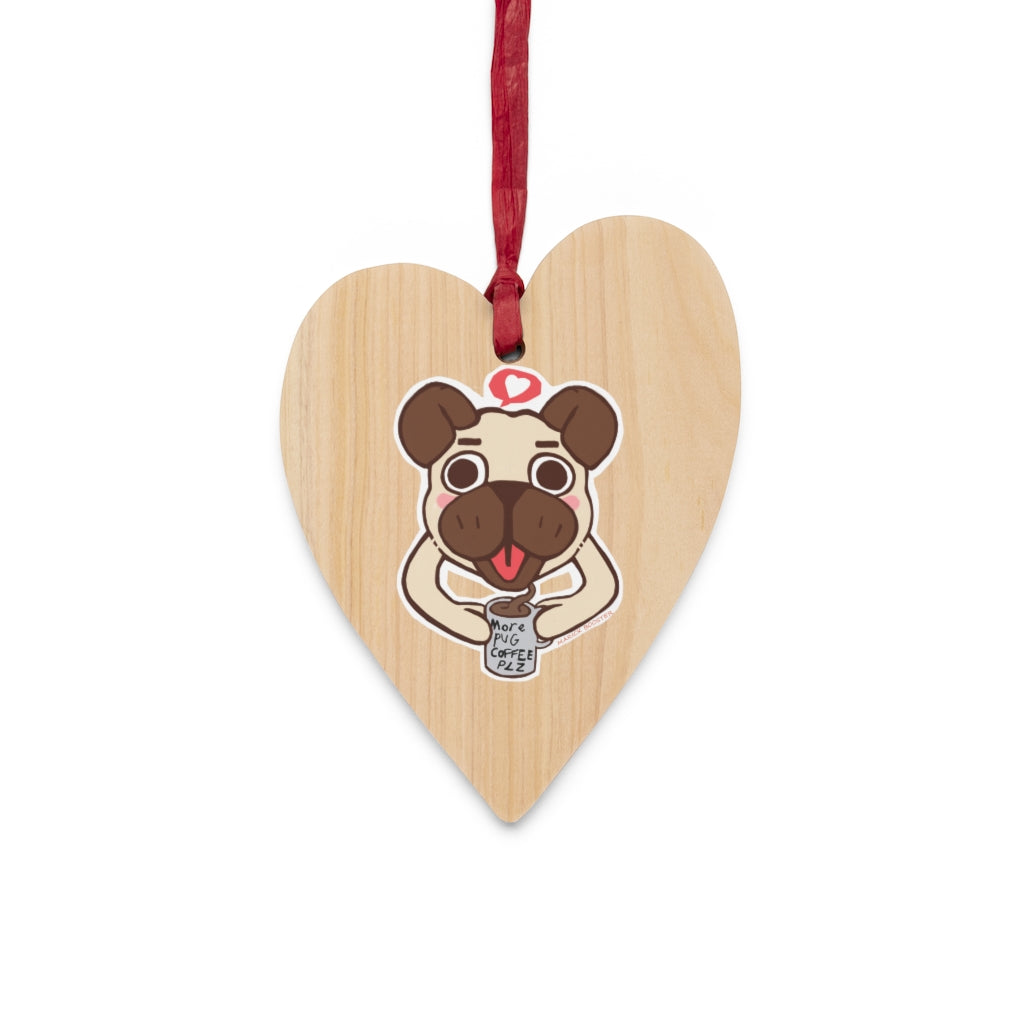 More Pug Coffee Please Wooden Christmas Ornaments featuring whimsical shapes and a red ribbon for hanging, perfect for holiday decor.