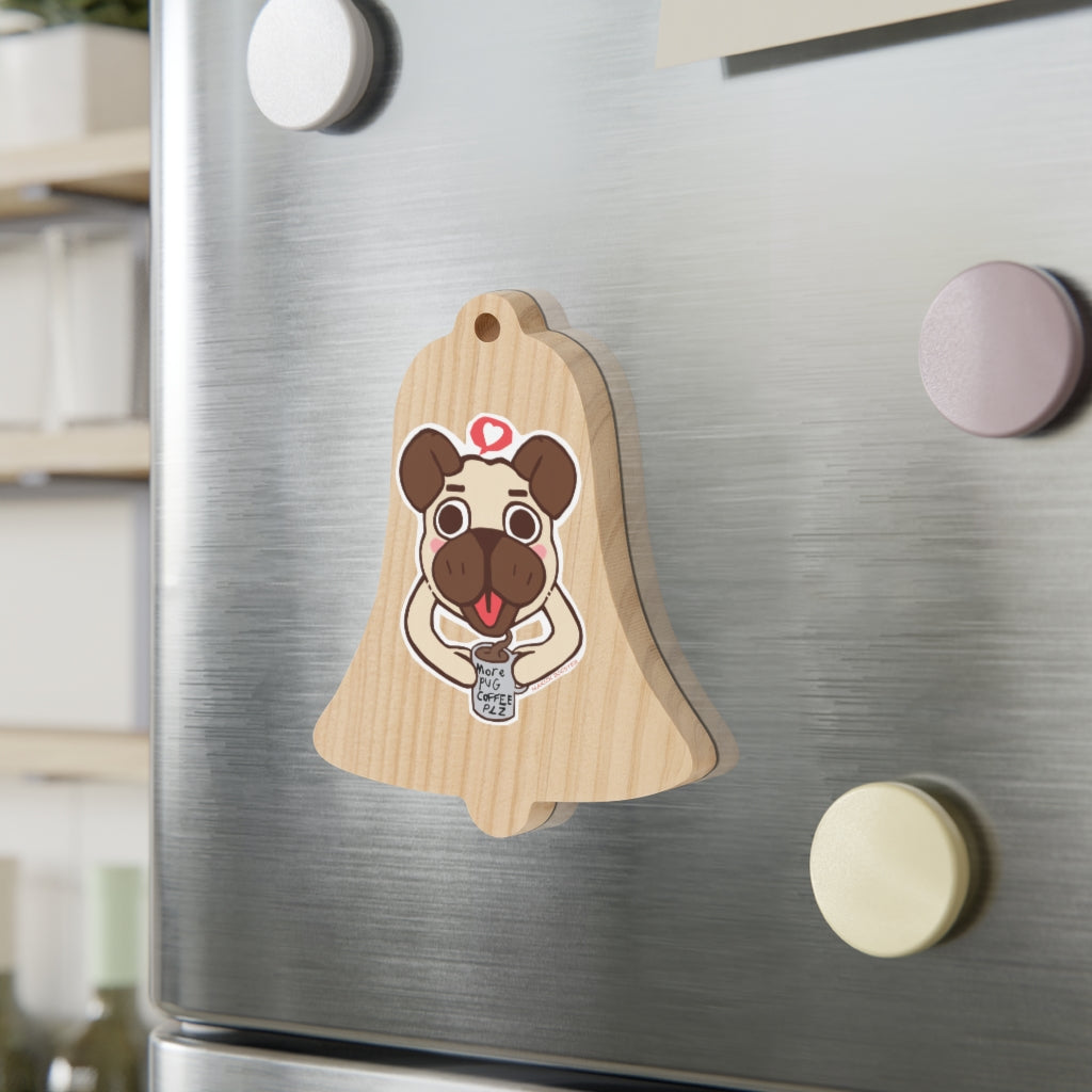 More Pug Coffee Please Wooden Christmas Ornaments featuring whimsical shapes and a red ribbon for hanging, perfect for holiday decor.