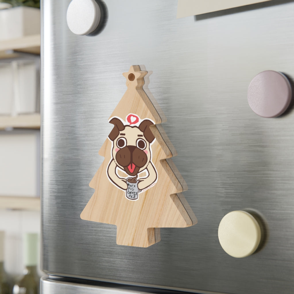 More Pug Coffee Please Wooden Christmas Ornaments featuring whimsical shapes and a red ribbon for hanging, perfect for holiday decor.