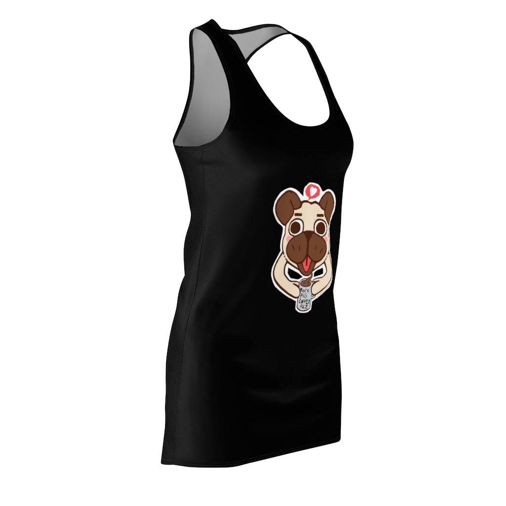 A stylish women's racerback dress featuring a unique pug coffee design, made from lightweight polyester for comfort and a sporty fit.