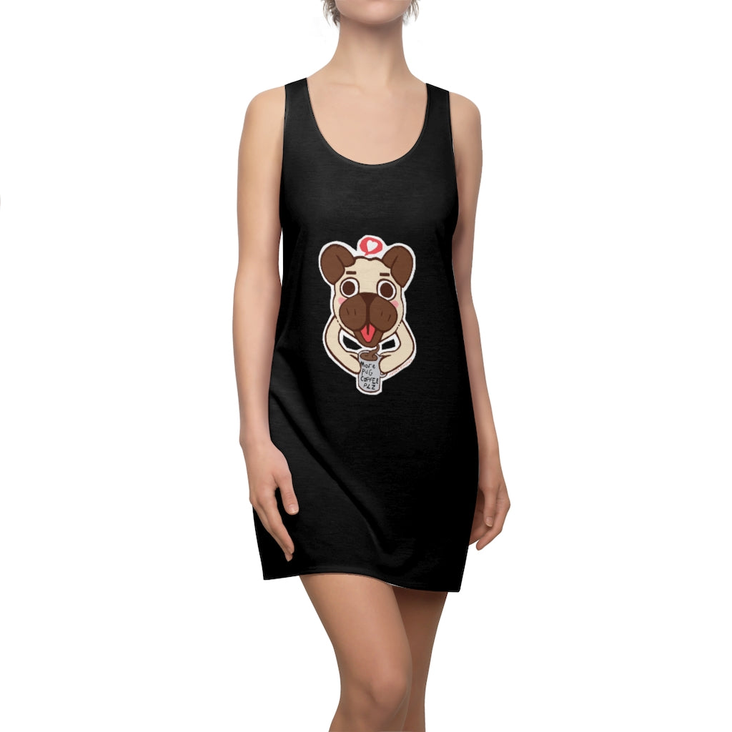 A stylish women's racerback dress featuring a unique pug coffee design, made from lightweight polyester for comfort and a sporty fit.