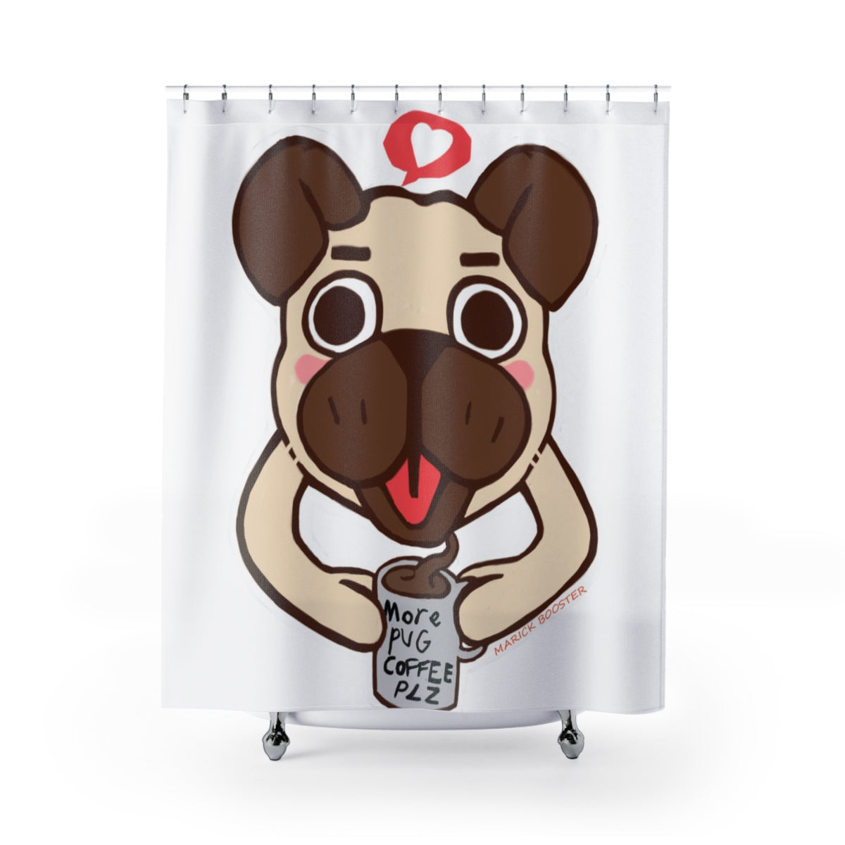 More Pug Coffee Shower Curtain featuring vibrant pug and coffee designs on durable polyester fabric.