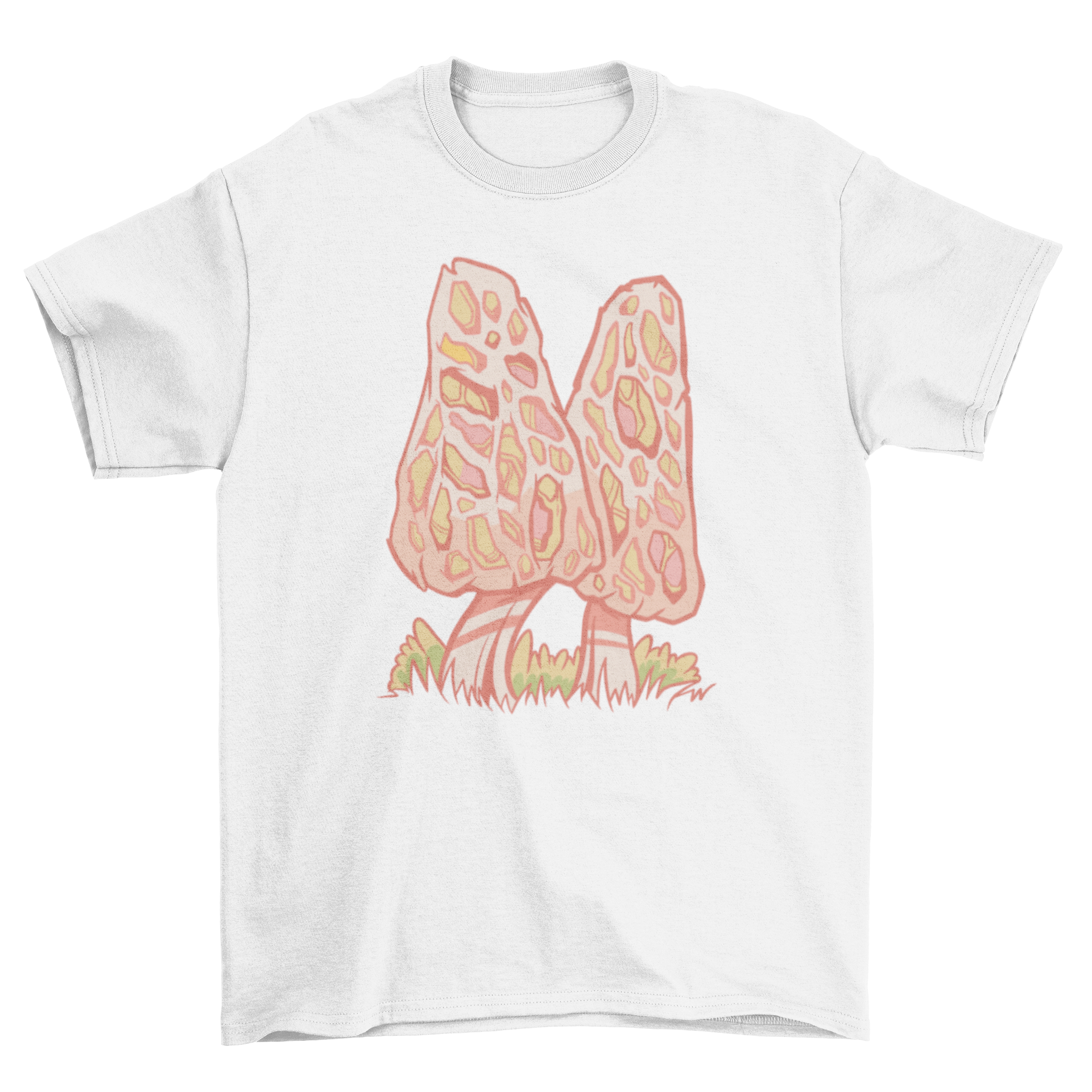 A stylish t-shirt featuring an intricate illustration of morel mushrooms, showcasing their unique shapes and textures.