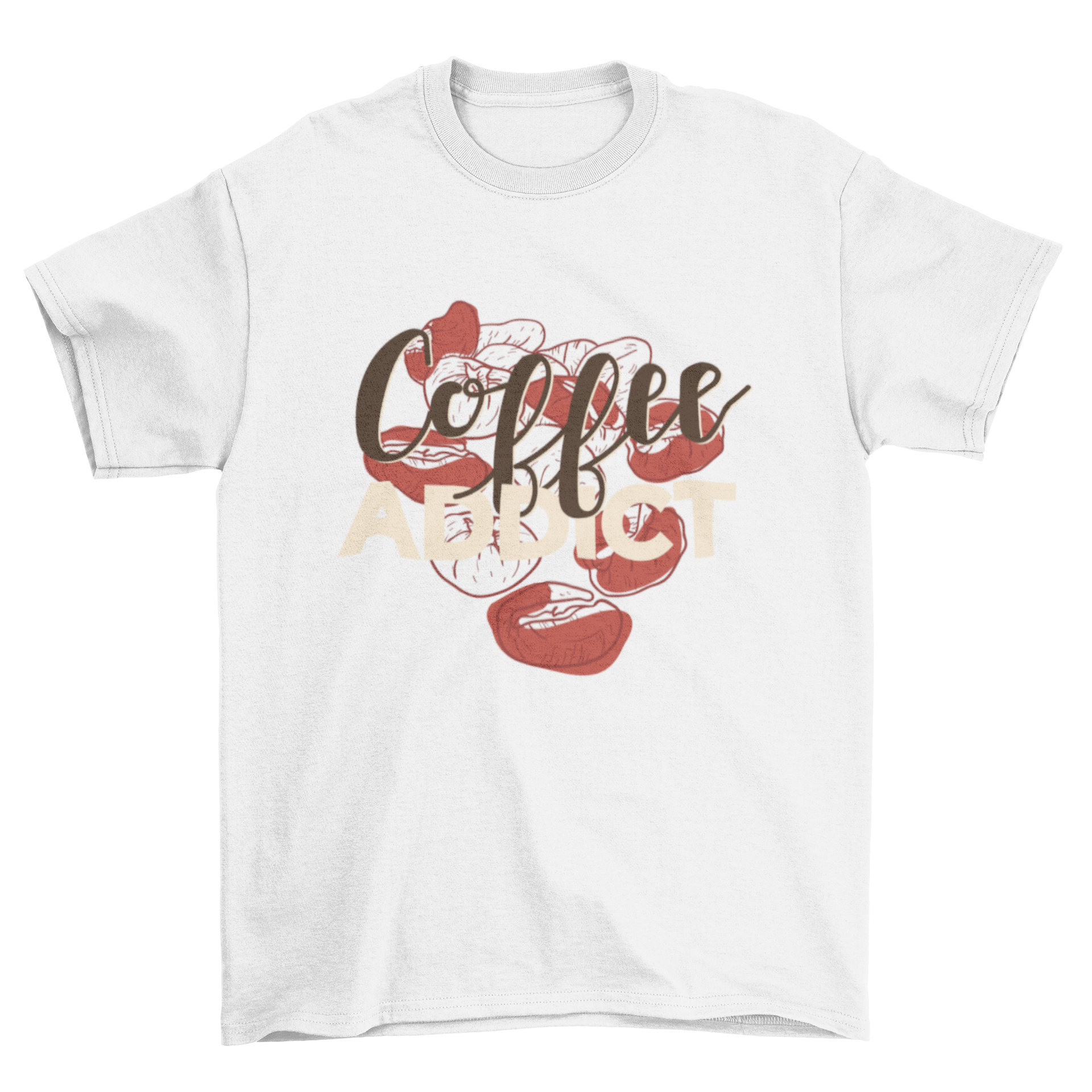 Stylish t-shirt featuring 'Coffee addict' caption over a sketchy coffee beans background.