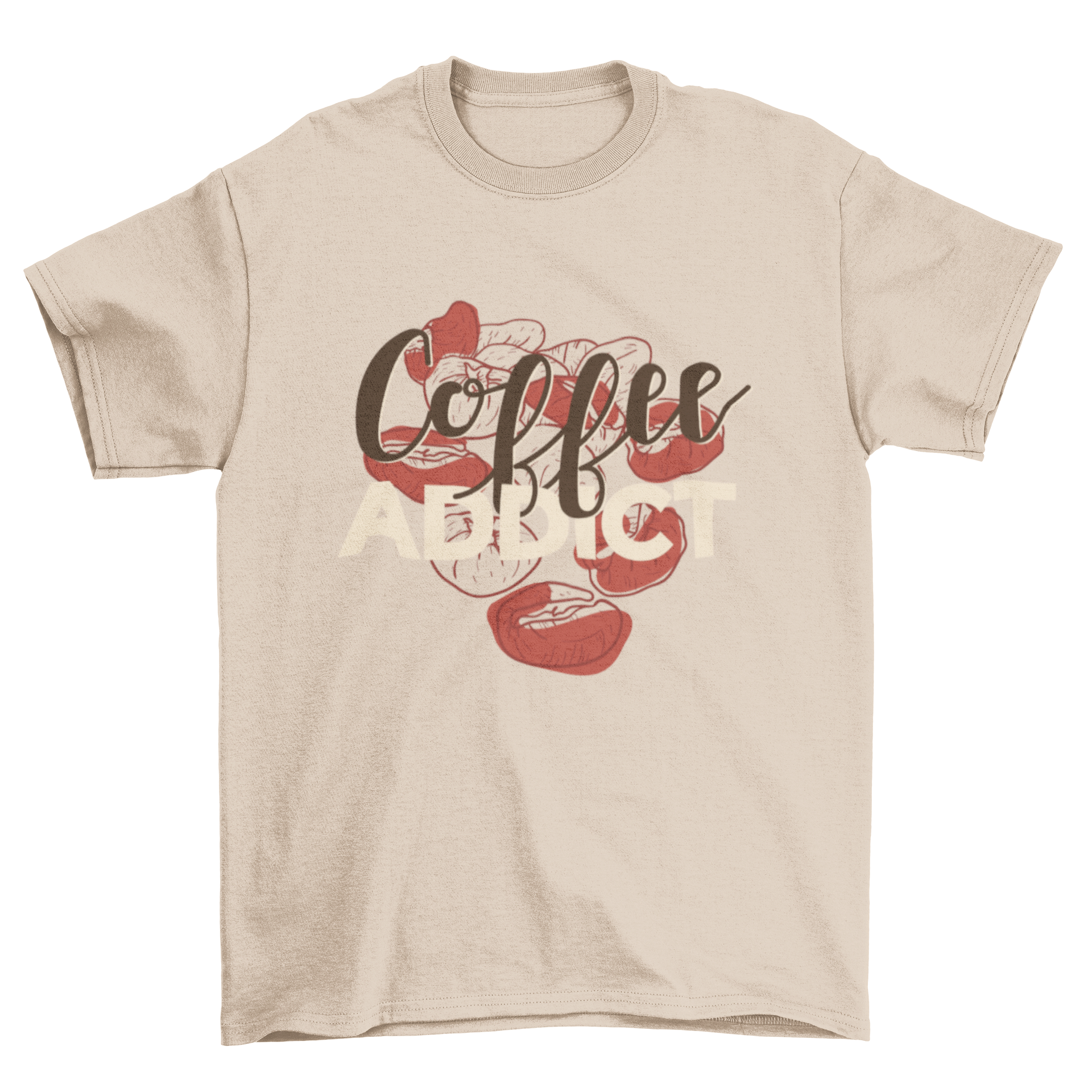 Stylish t-shirt featuring 'Coffee addict' caption over a sketchy coffee beans background.