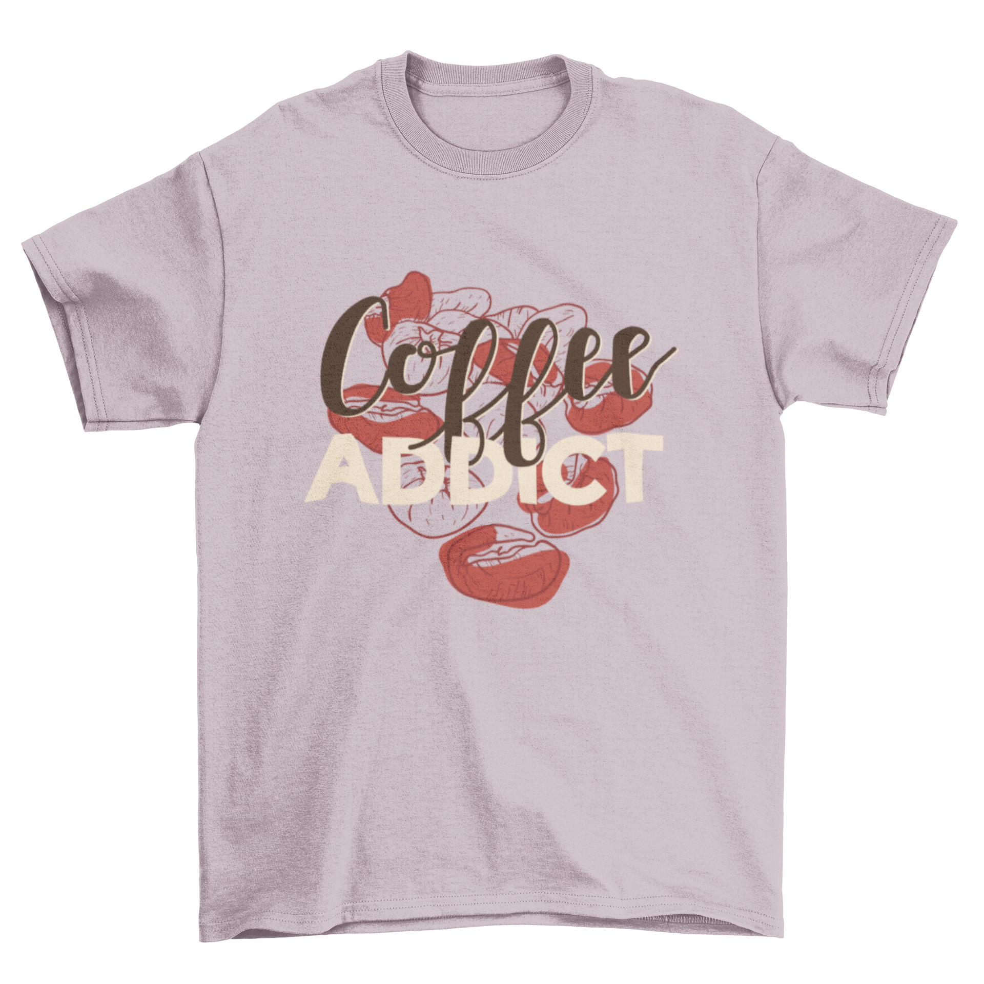 Stylish t-shirt featuring 'Coffee addict' caption over a sketchy coffee beans background.