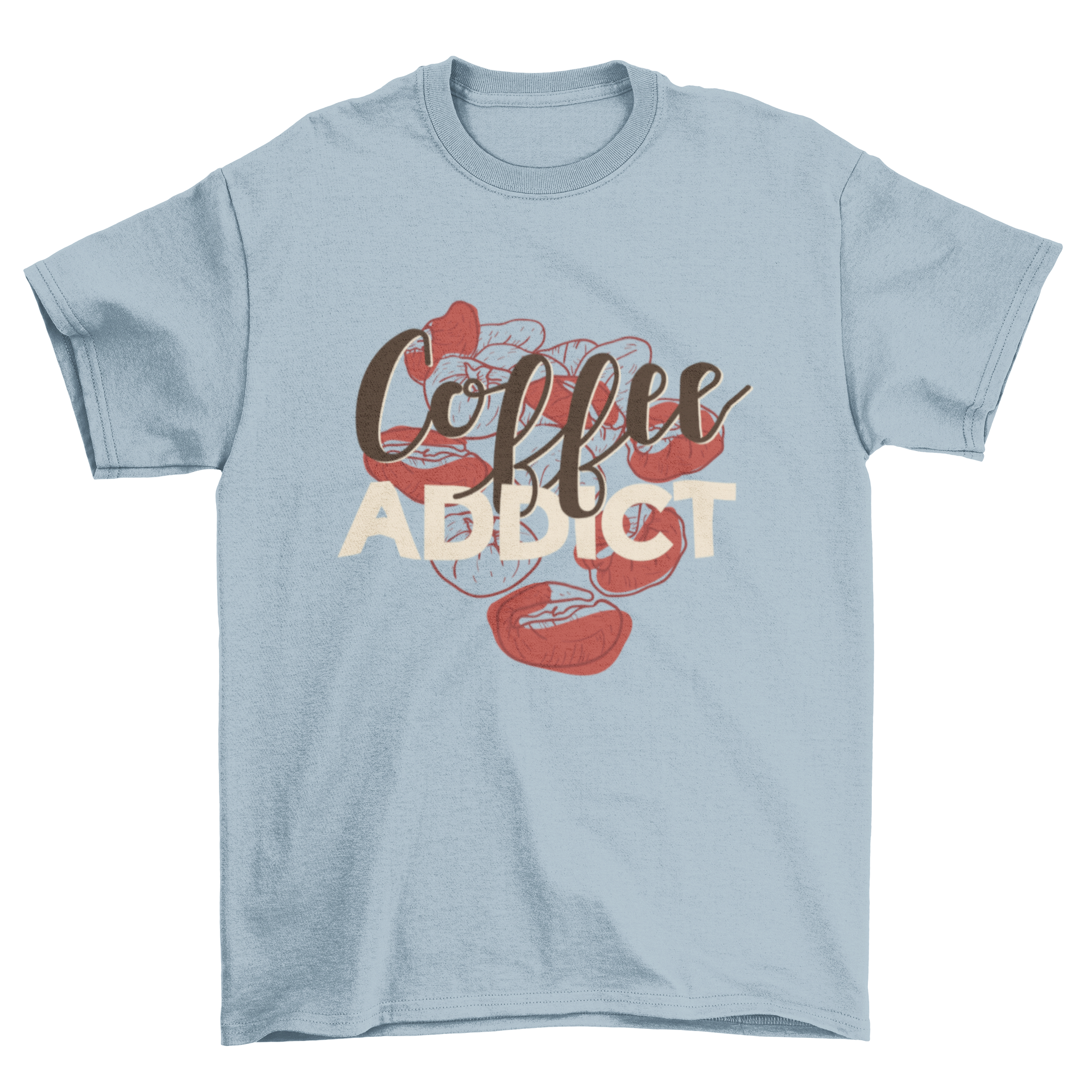 Stylish t-shirt featuring 'Coffee addict' caption over a sketchy coffee beans background.