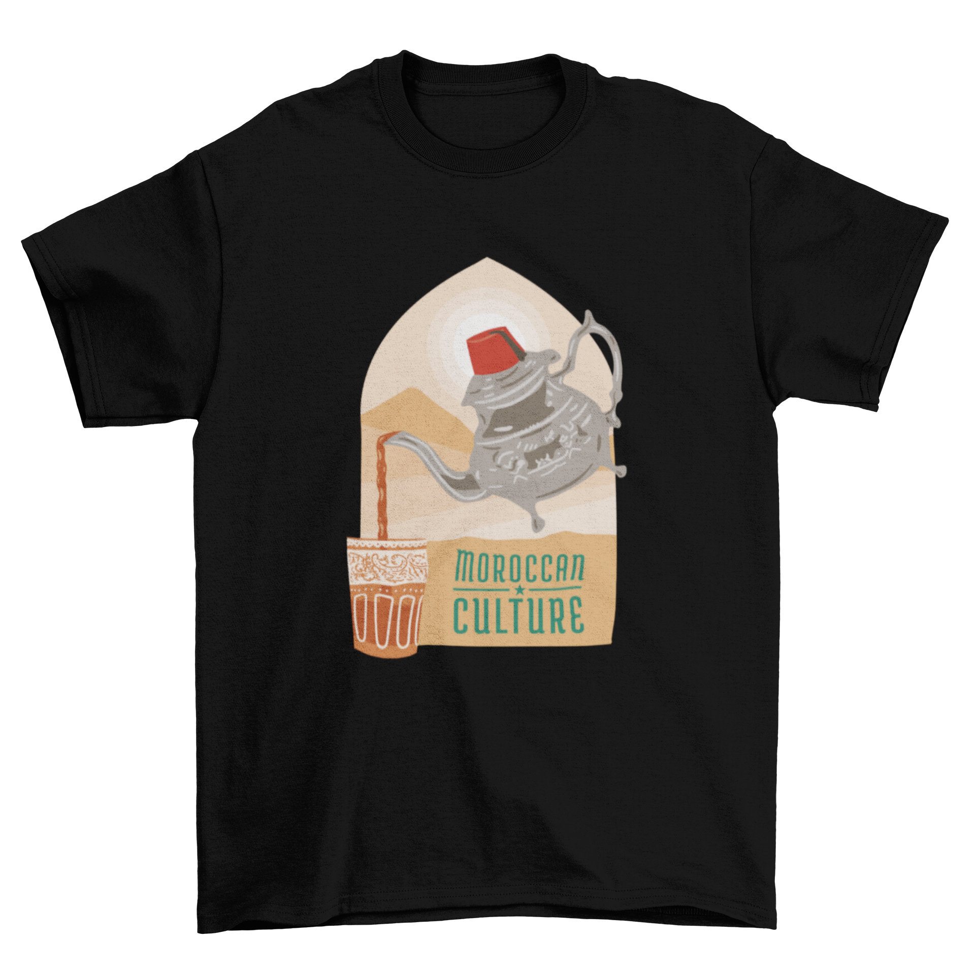 A stylish t-shirt featuring a teapot pouring tea into a cup with the quote 'Moroccan culture'.