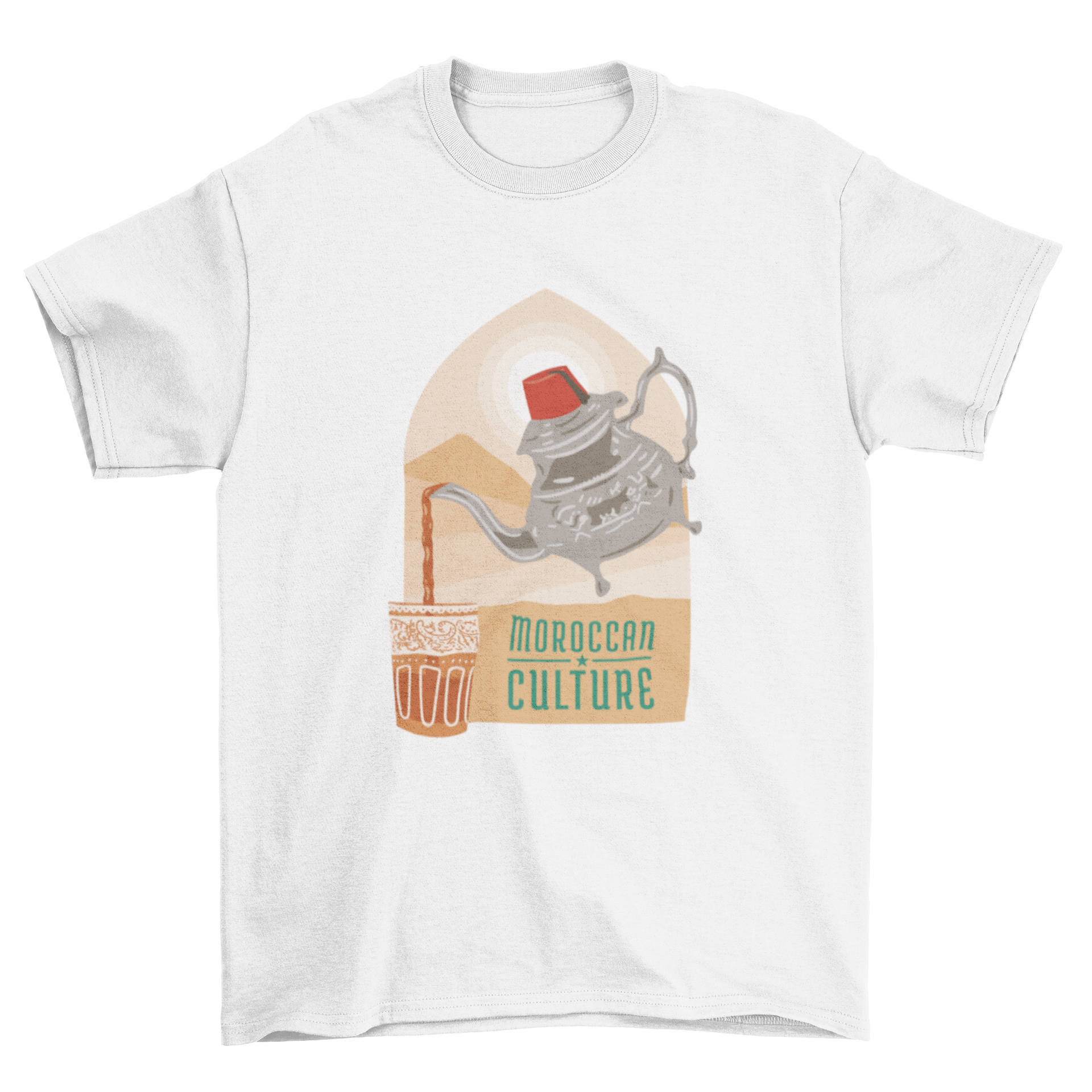 A stylish t-shirt featuring a teapot pouring tea into a cup with the quote 'Moroccan culture'.