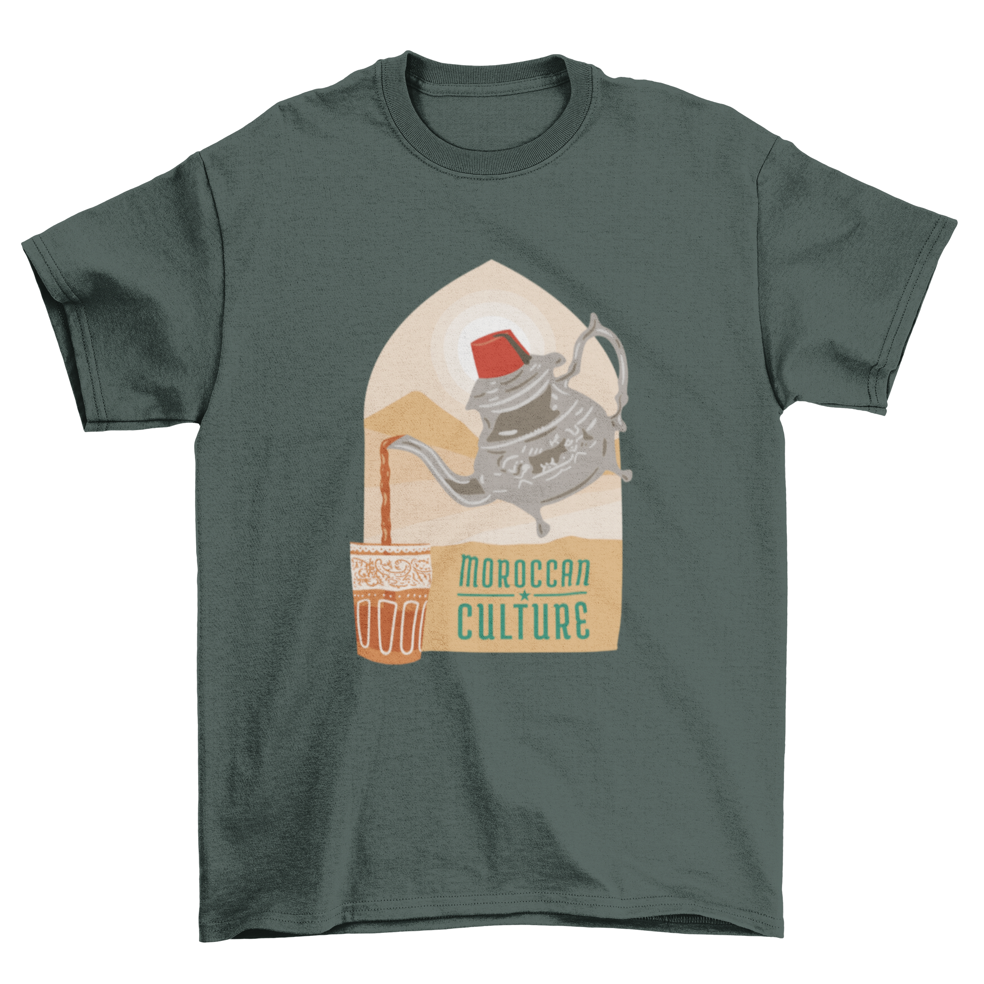 A stylish t-shirt featuring a teapot pouring tea into a cup with the quote 'Moroccan culture'.