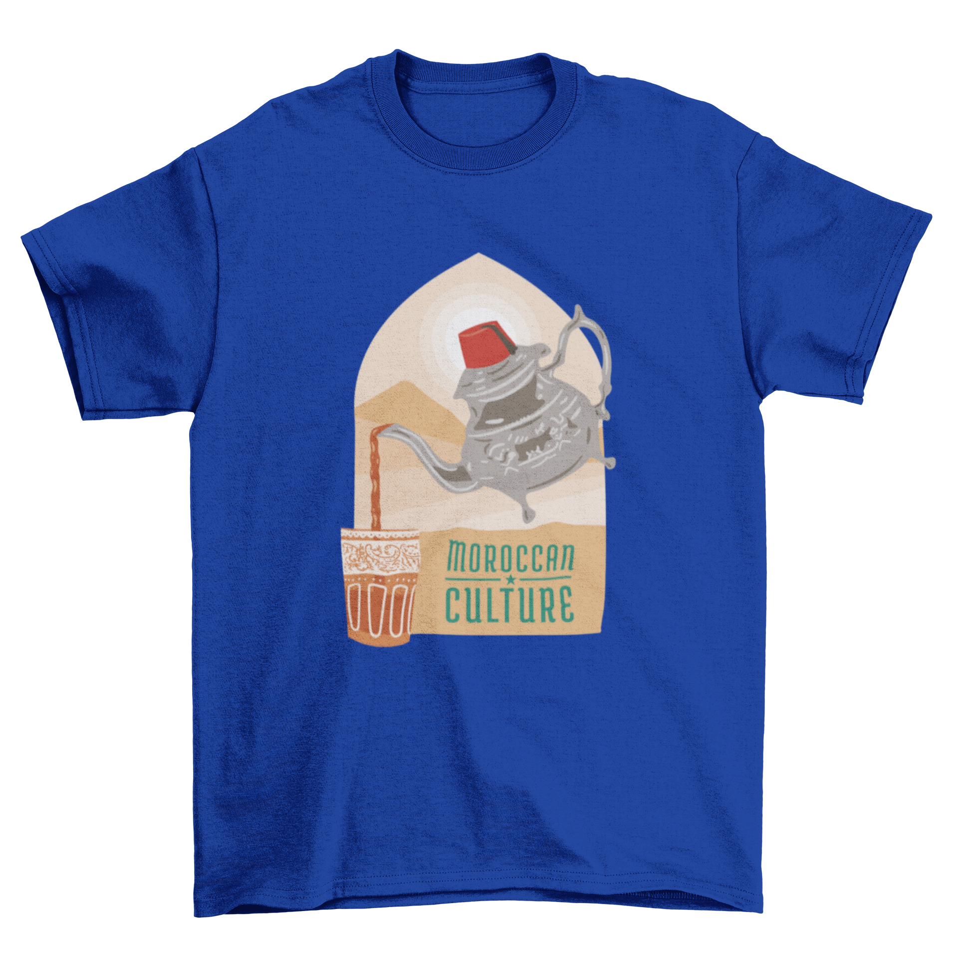 A stylish t-shirt featuring a teapot pouring tea into a cup with the quote 'Moroccan culture'.