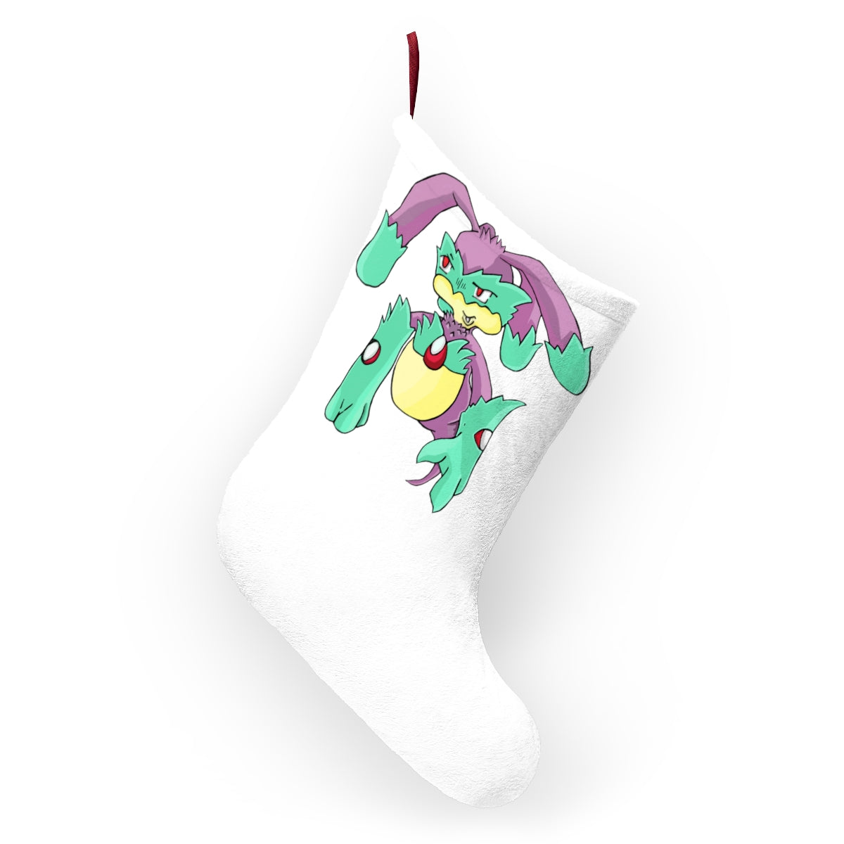 A cozy and festive Morphesis Christmas Stocking made of soft polyester fleece, featuring a twill ribbon loop for hanging.