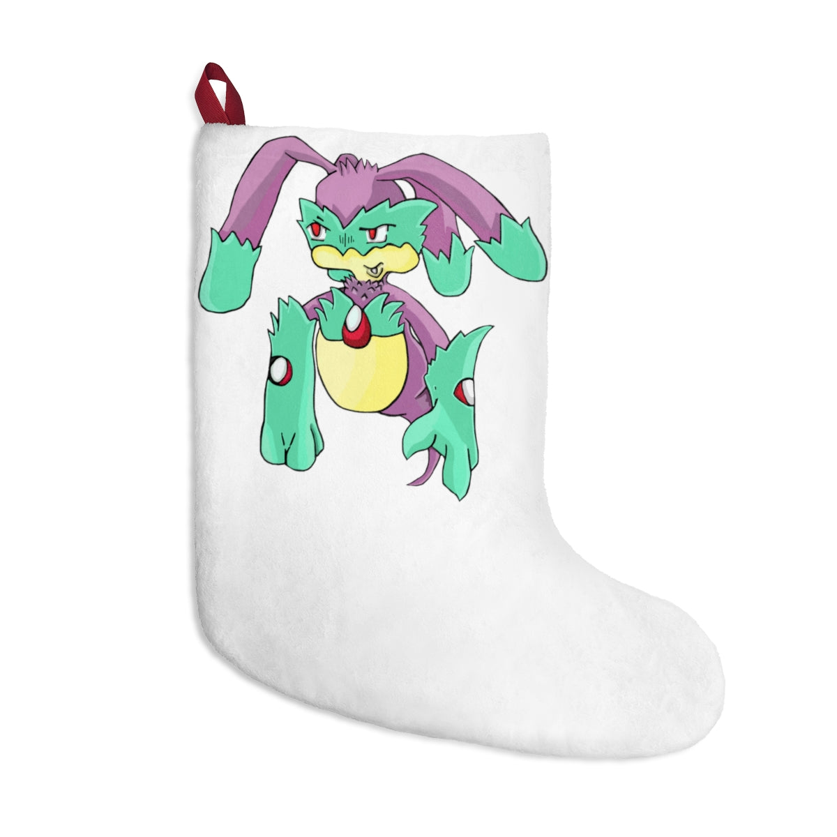 A cozy and festive Morphesis Christmas Stocking made of soft polyester fleece, featuring a twill ribbon loop for hanging.