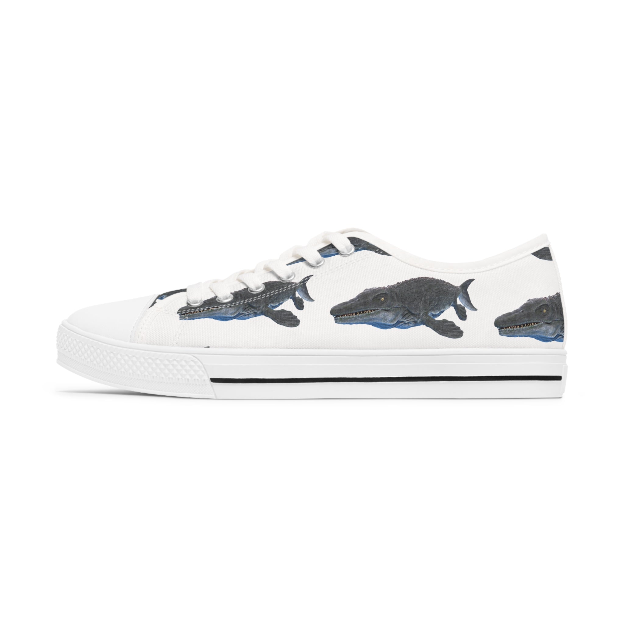 Mosasaurus Women's Low Top Sneakers in black and white with silver metal eyelets and lace-up closure, showcasing breathable canvas design.