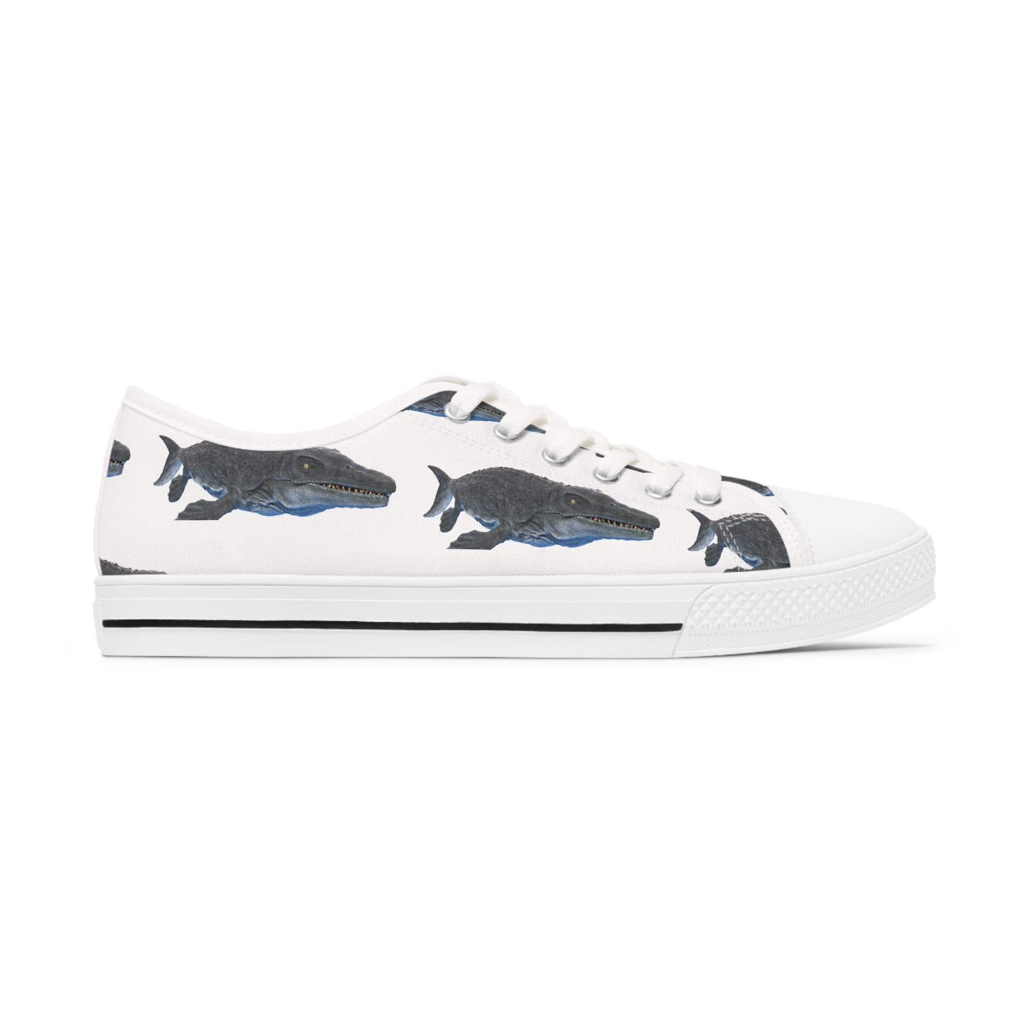 Mosasaurus Women's Low Top Sneakers in black and white with silver metal eyelets and lace-up closure, showcasing breathable canvas design.