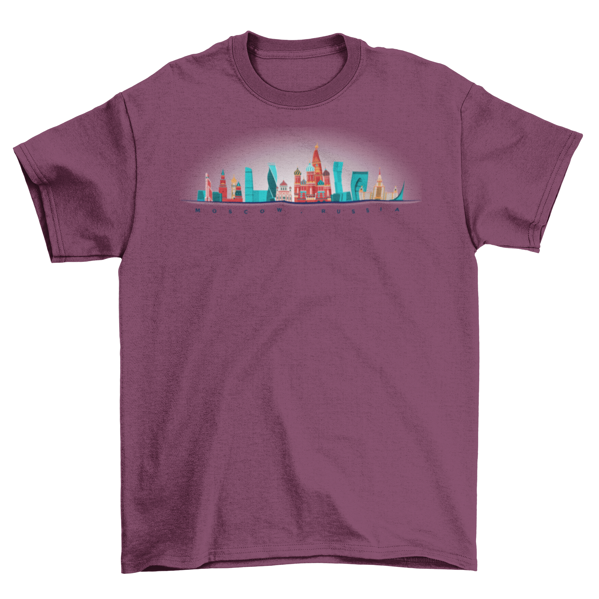 Moscow skyline t-shirt design featuring Saint Basil's Cathedral and Red Square landmarks.