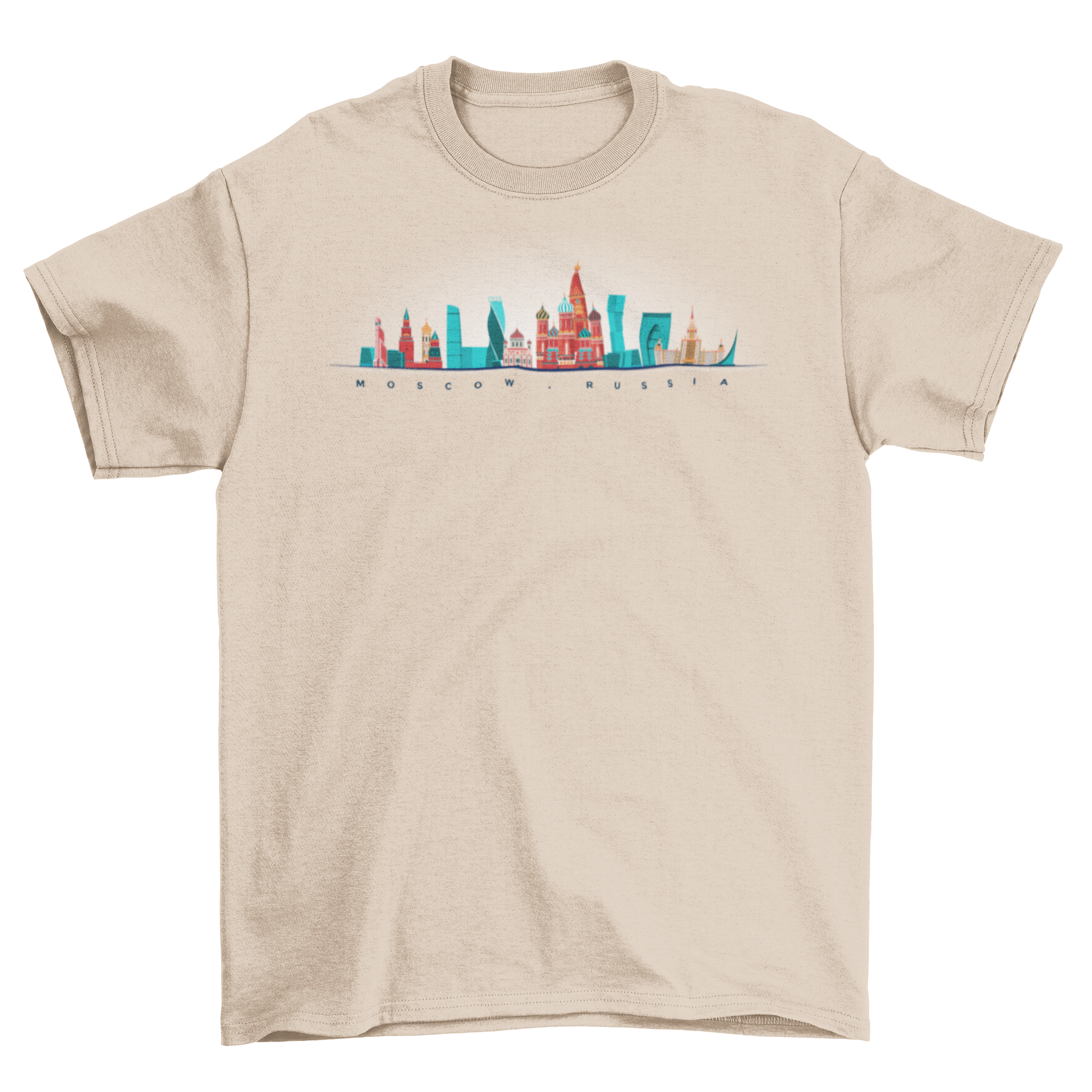 Moscow skyline t-shirt design featuring Saint Basil's Cathedral and Red Square landmarks.