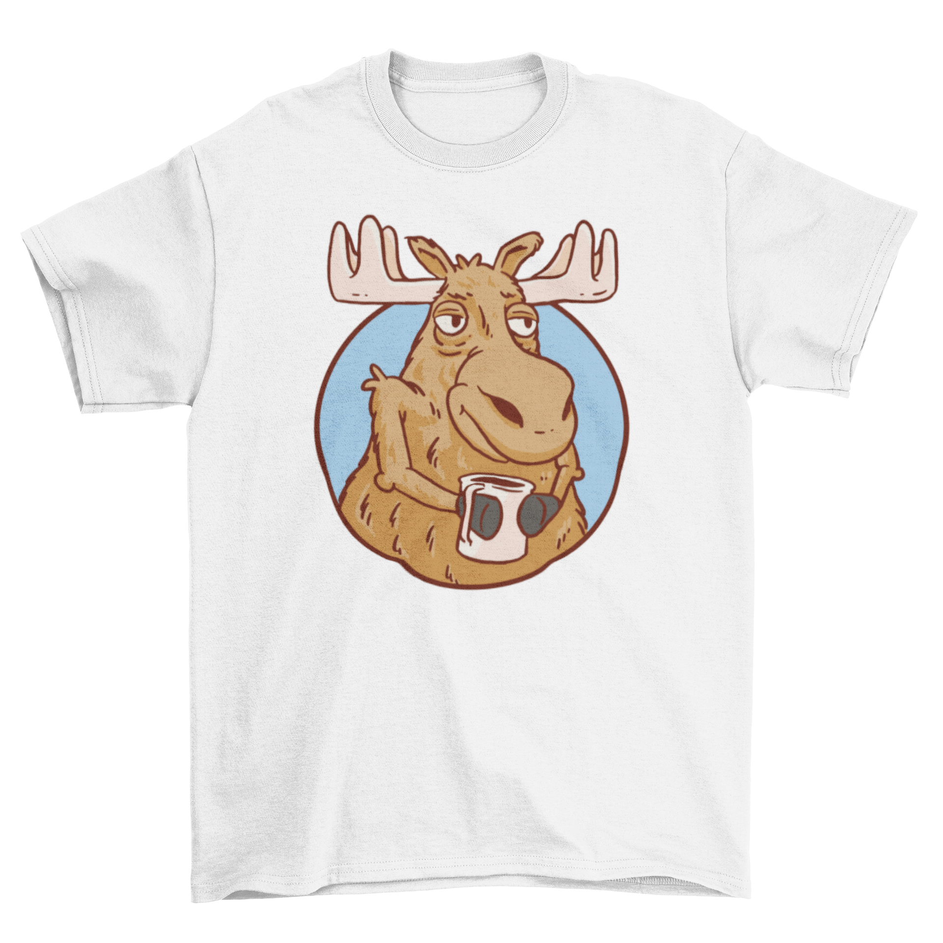 A stylish t-shirt featuring a whimsical moose holding a coffee cup, perfect for coffee lovers and nature enthusiasts.