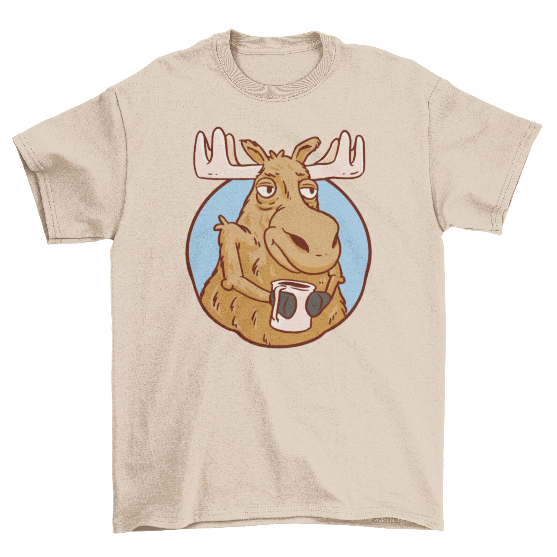 A stylish t-shirt featuring a whimsical moose holding a coffee cup, perfect for coffee lovers and nature enthusiasts.