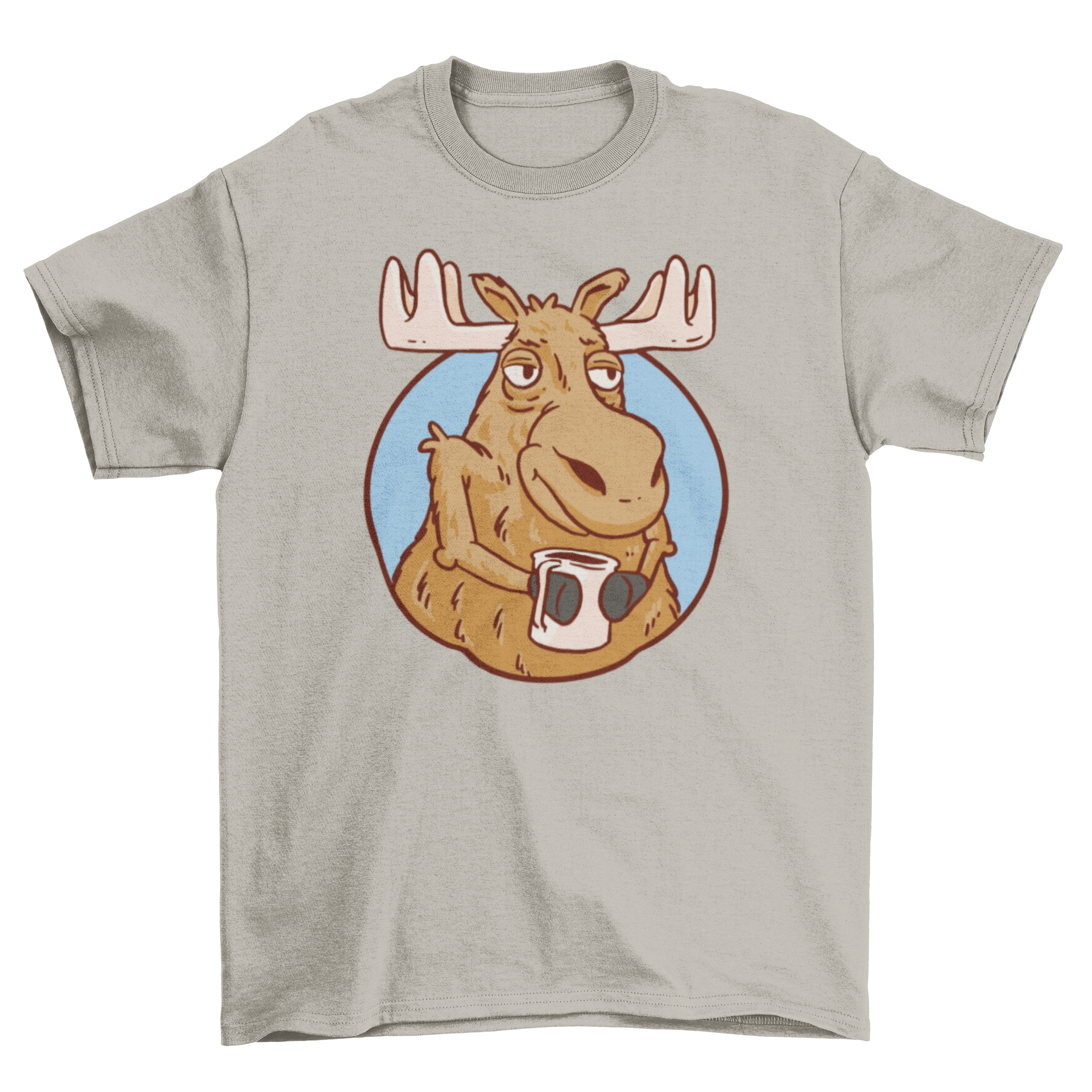 A stylish t-shirt featuring a whimsical moose holding a coffee cup, perfect for coffee lovers and nature enthusiasts.