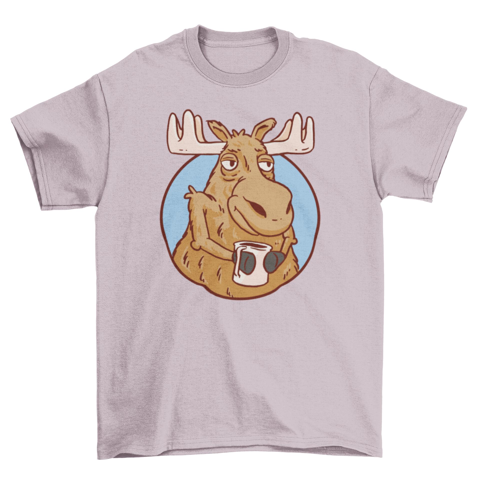 A stylish t-shirt featuring a whimsical moose holding a coffee cup, perfect for coffee lovers and nature enthusiasts.