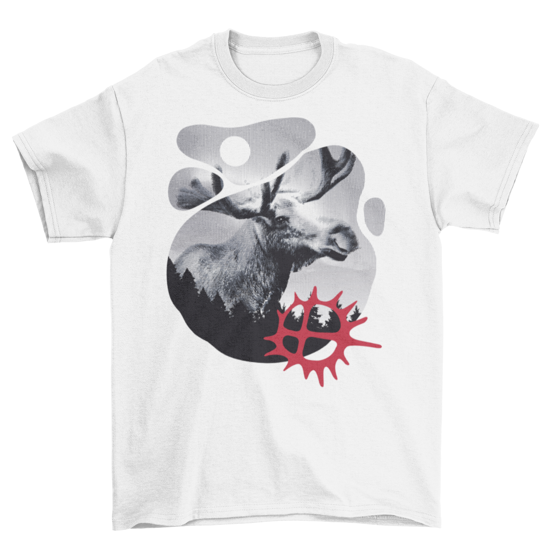 Moose Nature T-Shirt featuring a moose graphic and Sami sun design at the bottom, showcasing nature-inspired art.