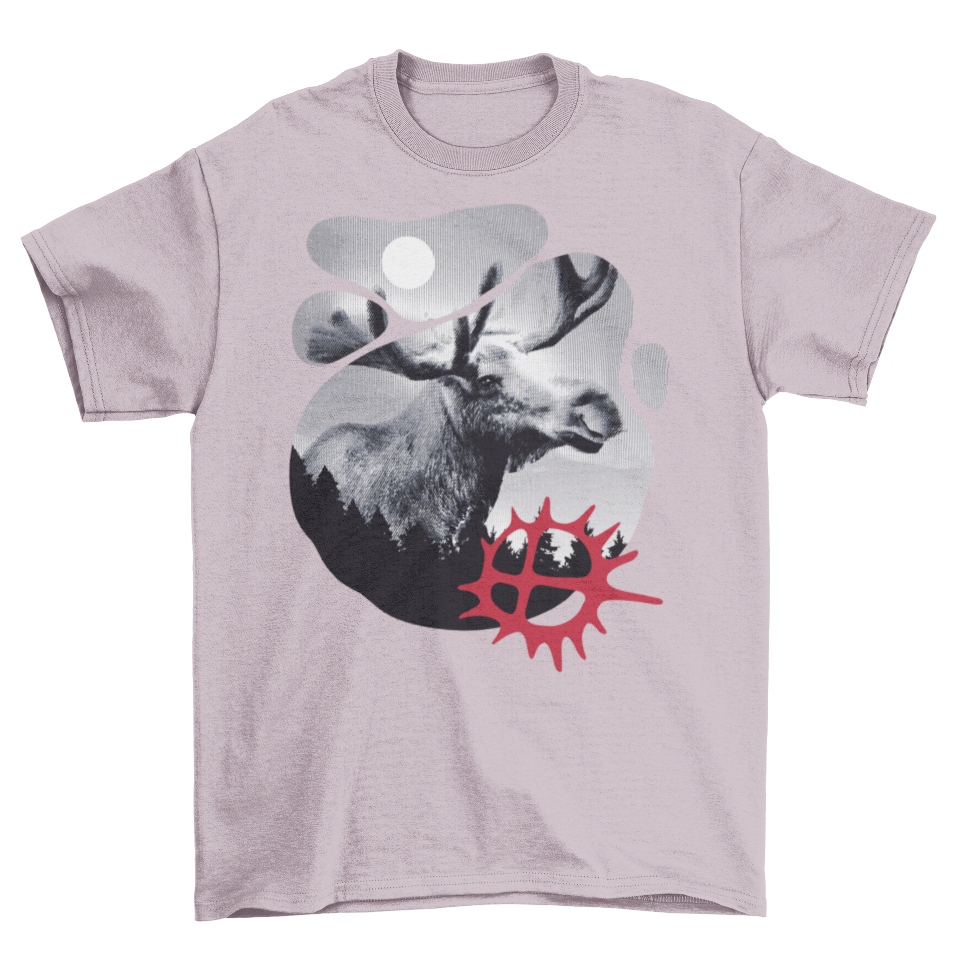 Moose Nature T-Shirt featuring a moose graphic and Sami sun design at the bottom, showcasing nature-inspired art.