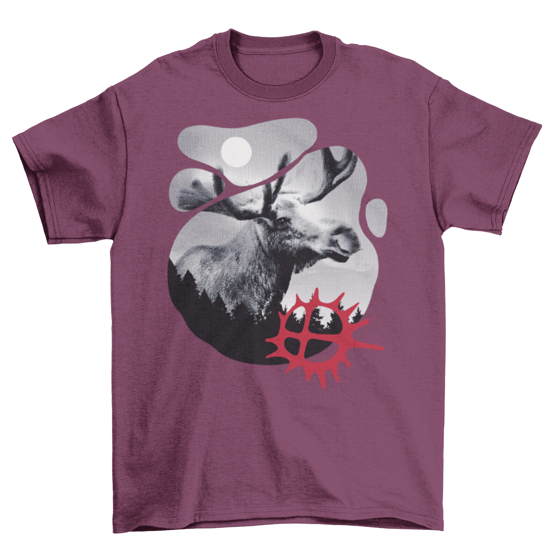 Moose Nature T-Shirt featuring a moose graphic and Sami sun design at the bottom, showcasing nature-inspired art.