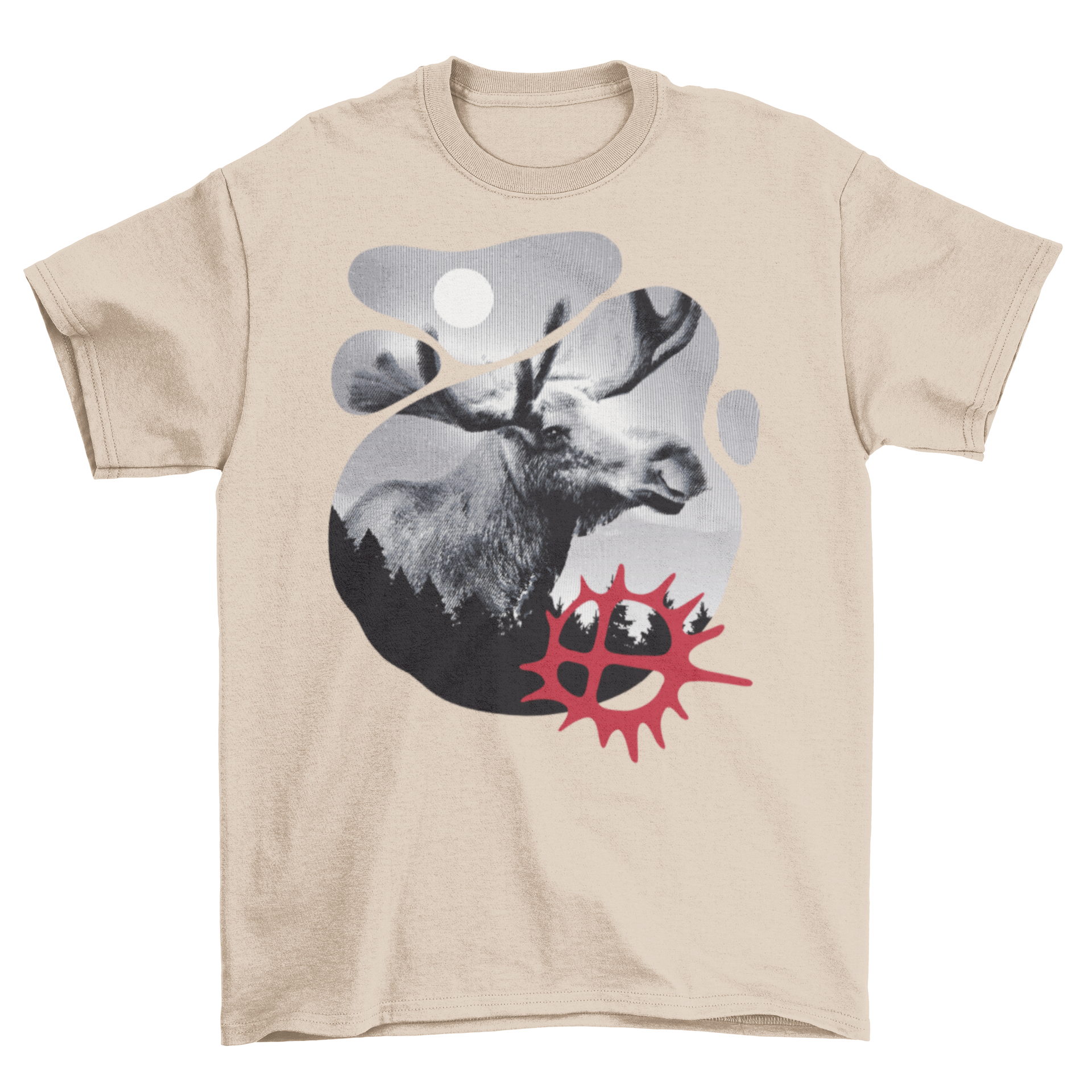 Moose Nature T-Shirt featuring a moose graphic and Sami sun design at the bottom, showcasing nature-inspired art.