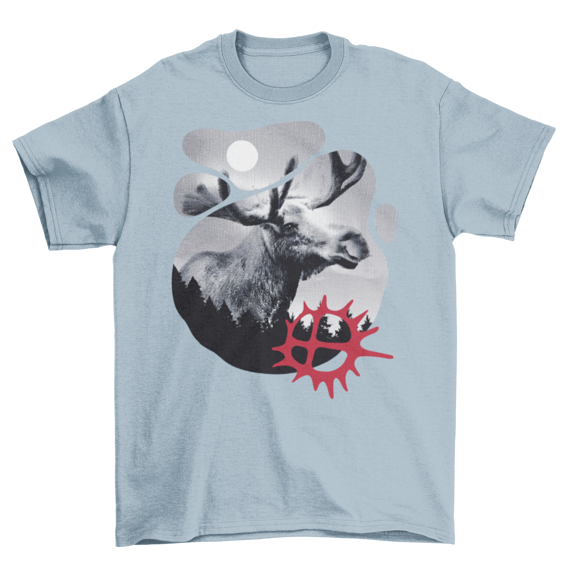 Moose Nature T-Shirt featuring a moose graphic and Sami sun design at the bottom, showcasing nature-inspired art.