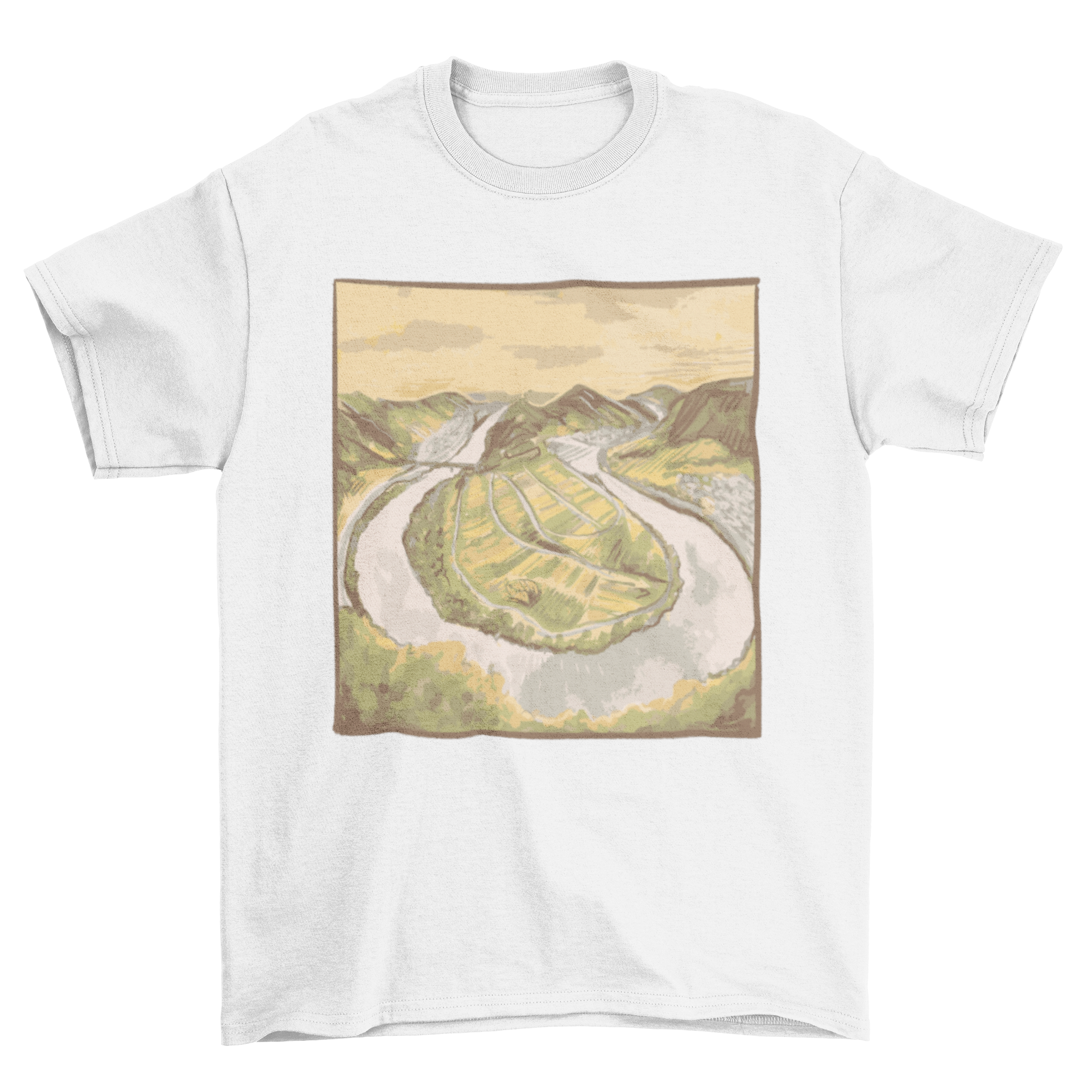 A stylish t-shirt featuring a vibrant painting of the Moselschleife, showcasing the scenic curves of the Moselle River.